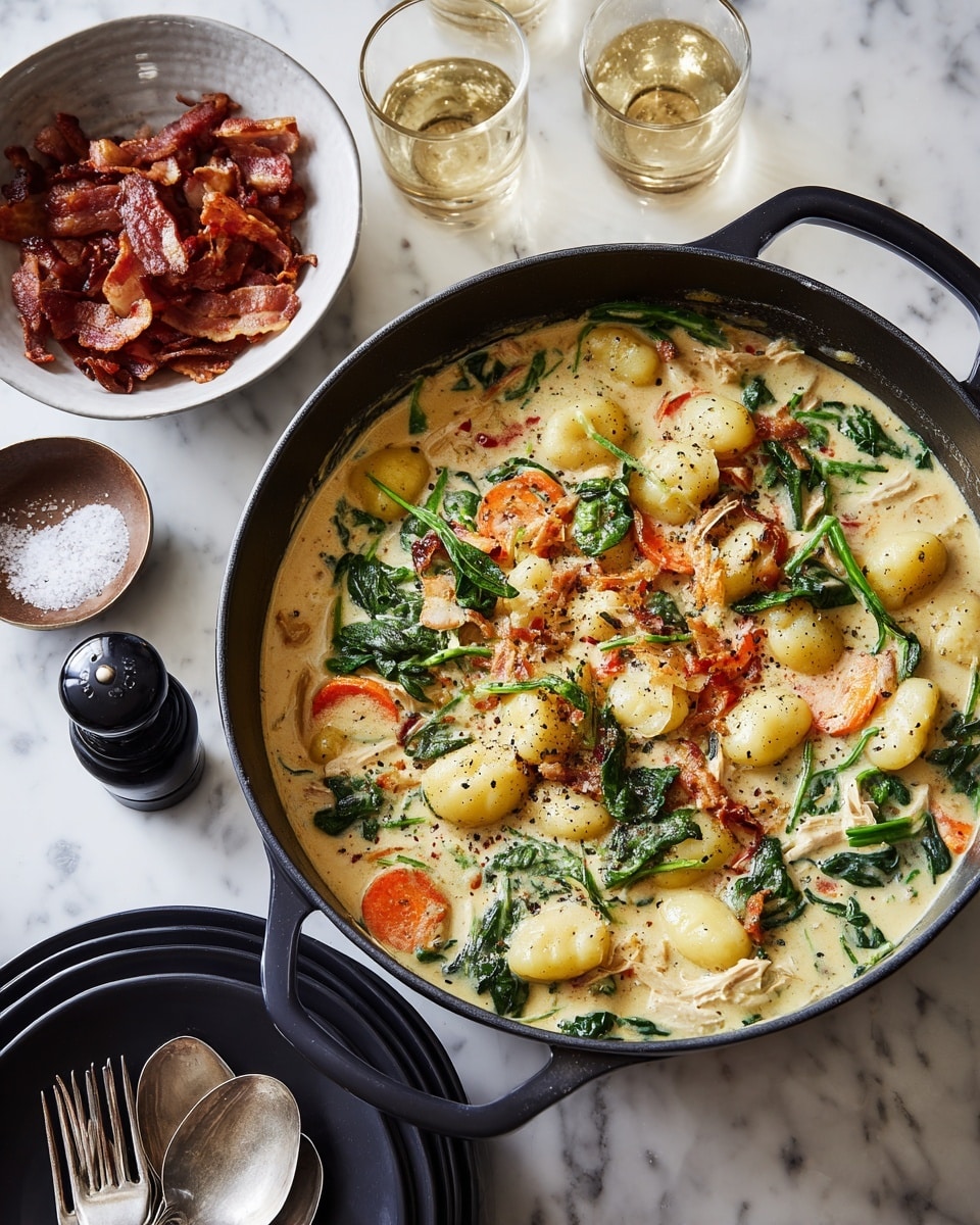 The image shows a white oval plate with shredded pale beige cooked chicken on the right side, surrounded by fresh green spinach leaves and parsley sprigs below and to the right. Around the plate, there are several clear glass bowls containing chopped orange carrots, pale green celery, white chopped onions, and small cubes of pink and white bacon. A clear bowl holds light brown dried herbs with a bay leaf on top. There is a bottle of light yellow cream-colored liquid and a stick of yellow butter partially unwrapped at the bottom center. A clear measuring cup with orange-brown broth is near the bottom left. Above the plate, an open plastic package reveals ridged, pale off-white gnocchi on a white marbled surface. The whole setup is laid out on a white marbled background, and a woman's hand is just visible holding the package of gnocchi. photo taken with an iphone --ar 4:5 --v 7