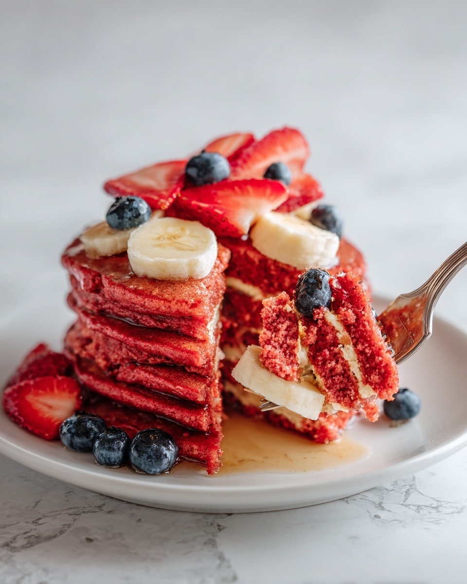 The main image shows a stack of two red pancakes on a white plate, each pancake thick and textured, topped with layers of sliced red strawberries, round yellow banana slices, and dark blue blueberries scattered on top and around the plate. The top-right image shows a bowl of smooth red pancake batter with a metal whisk partially submerged in it. The bottom-right image shows three red pancakes cooking in a pan; they have small bubbles on their surface, indicating they are cooking well. The background throughout has a white marbled texture. photo taken with an iphone --ar 4:5 --v 7