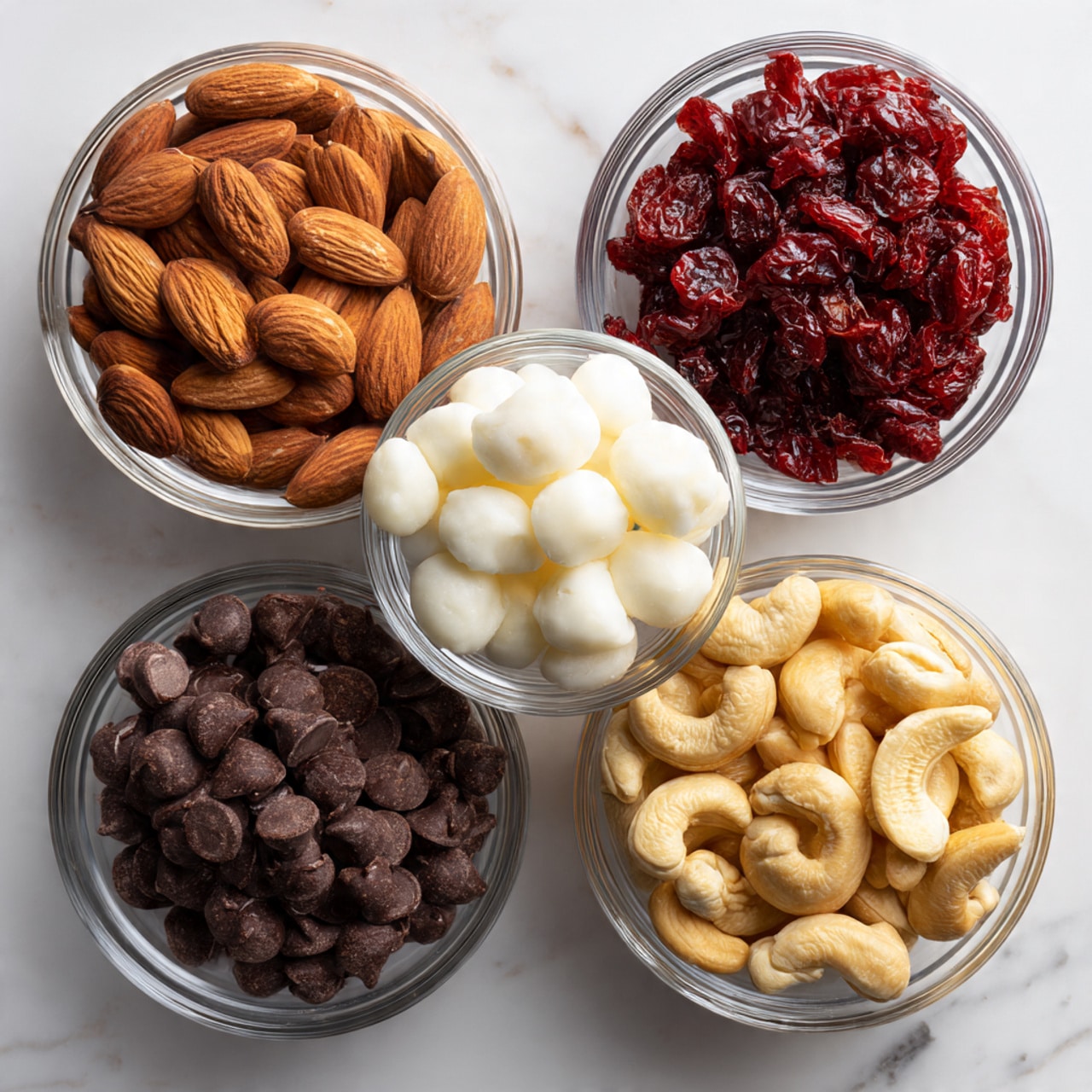 The image shows five clear glass bowls placed on a white marbled surface, each filled with different ingredients. The top left bowl contains light brown almonds with a rough texture, the top right bowl has bright red dried cranberries with a shiny look, the small middle bowl holds smooth white yogurt-covered raisins, the bottom right bowl is full of pale orange cashew nuts with a curved shape, and the bottom left bowl contains dark brown chocolate chips that are smooth and round. Part of a white cloth is visible in the top right corner. Photo taken with an iphone --ar 4:5 --v 7