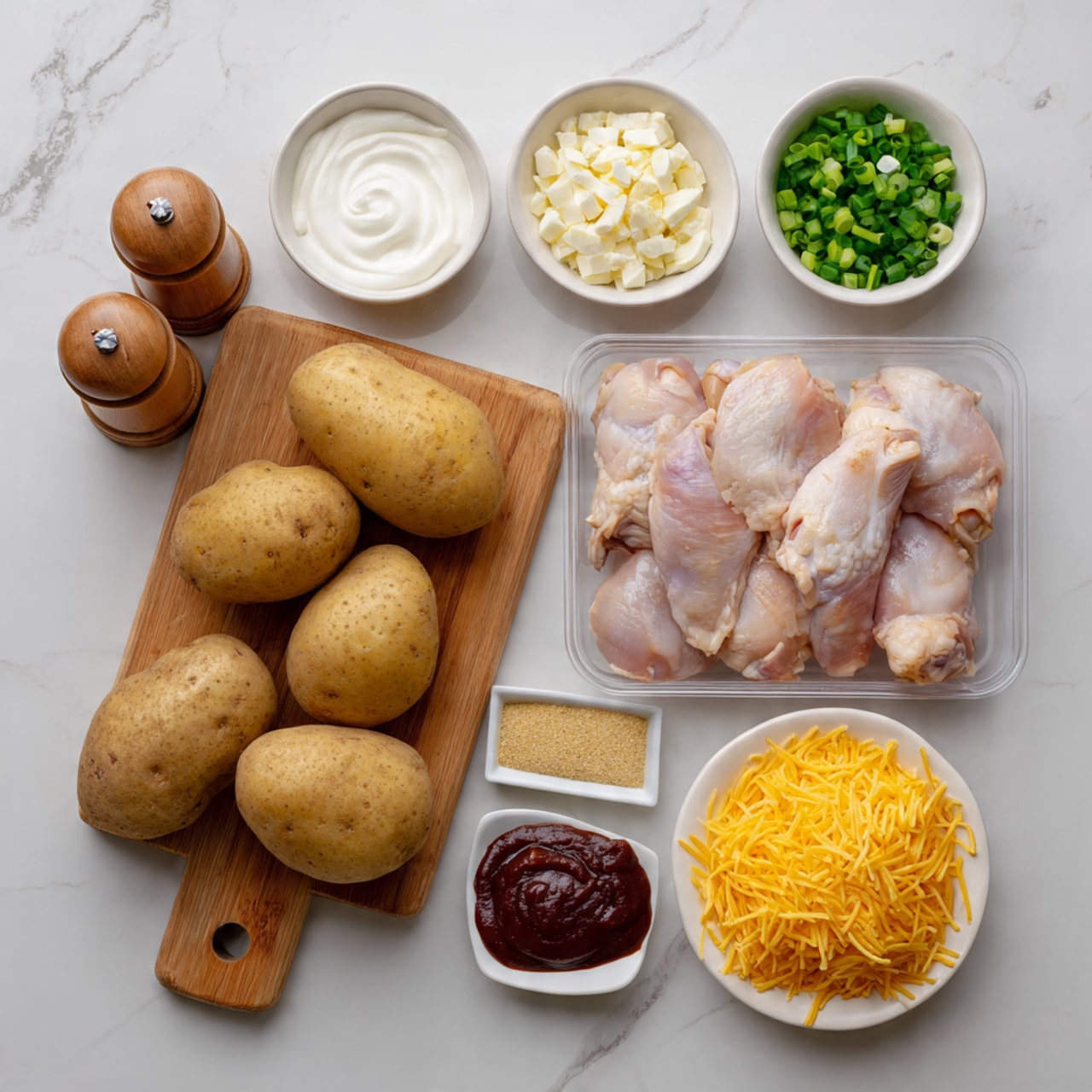 The image shows cooking ingredients arranged neatly on a white marbled surface. Four medium-sized, rough brown potatoes lie on a small wooden cutting board with a handle in the center bottom of the image. To the right of the board, there is a clear plastic tray holding five raw pink chicken thighs with some white fat. Above the potatoes and chicken, there are five small white bowls in a row: the first contains a pale yellow powder, the second has thick white sour cream, the third holds chopped bright green spring onions, the fourth is filled with dark reddish-brown barbecue sauce, and the fifth has shredded orange cheddar cheese. In the top left corner, two brown wooden salt and pepper shakers stand side by side. Photo taken with an iphone --ar 4:5 --v 7