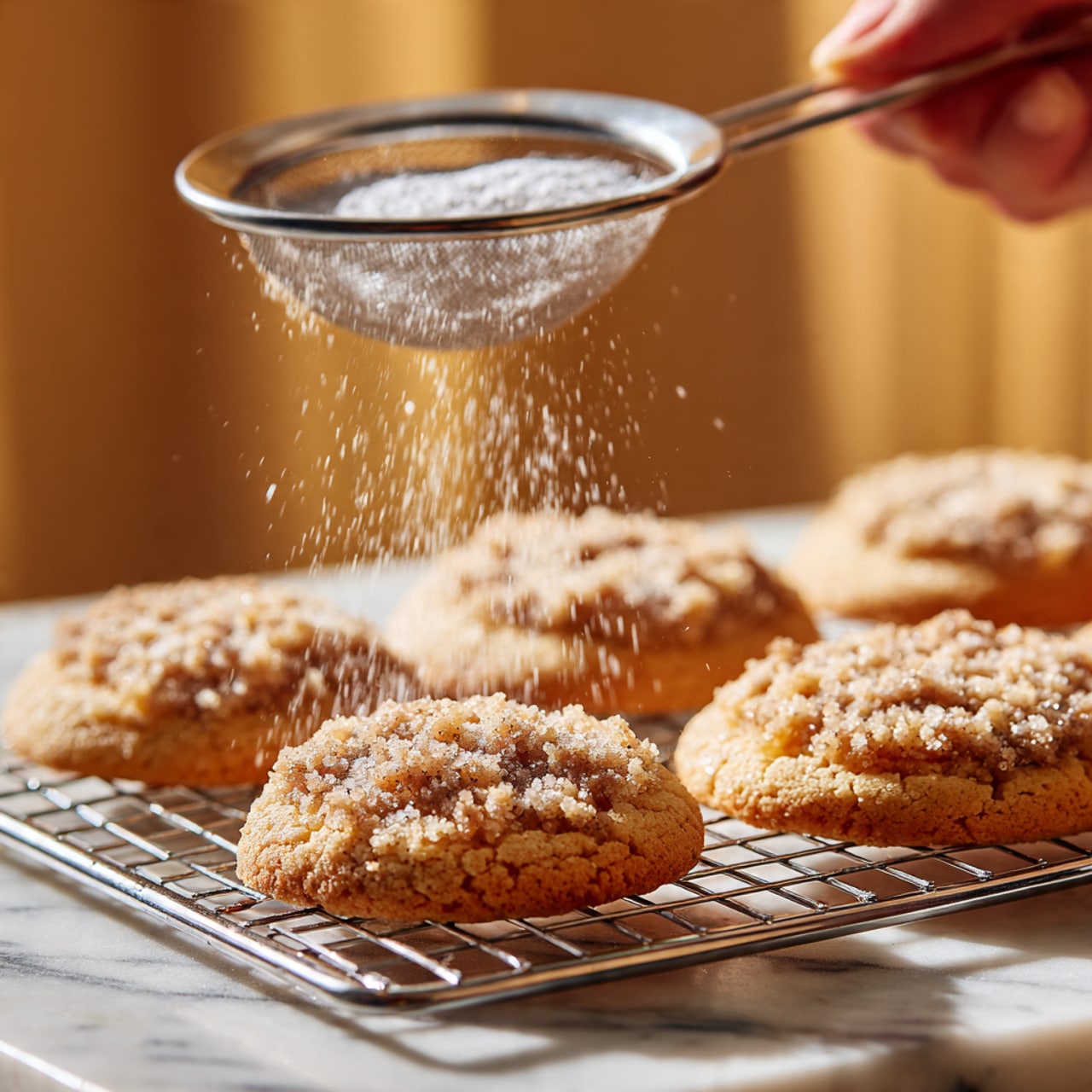 This image shows several crumb-topped cookies on a metal wire rack. Each cookie has one layer: a light golden-brown base topped with a crumbly, textured layer of light brown streusel. A woman's hand holds a round metal sifter above the cookies, dusting a fine white powder on the top crumbs. The background is softly blurred, showing a red cloth and a white marbled surface underneath the wire rack. The cookies are round, slightly thick, and have a rough, crumbly top with irregular pieces. Photo taken with an iphone --ar 4:5 --v 7