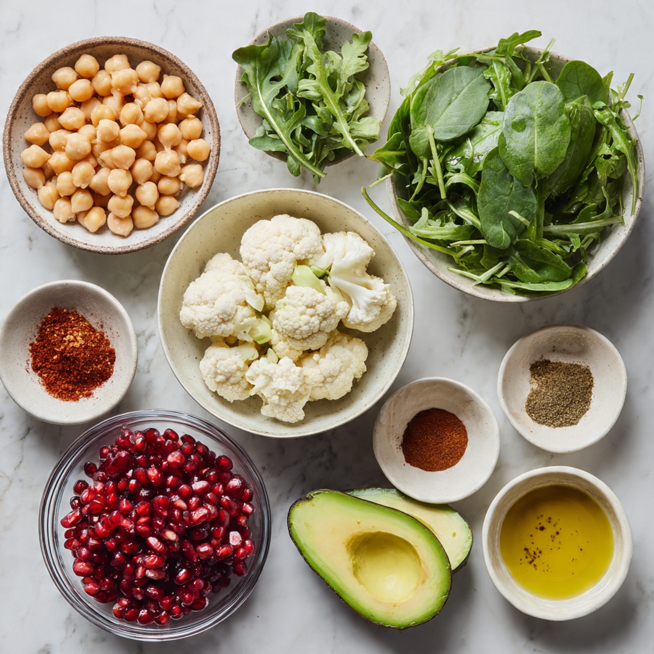 The image shows a flat lay of various fresh ingredients placed on a white marbled surface. In the lower left, there is a white bowl filled with small white cauliflower florets, next to it on the right is a white bowl with dark green fresh spinach leaves. Above the spinach is another white bowl filled with bright green arugula leaves. In the top left corner, there is a white bowl with pale beige chickpeas. To the right of the chickpeas, a small clear glass bowl is filled with shiny red pomegranate seeds. Above this bowl are three small white dishes arranged horizontally, each holding different spices or oil: the left dish contains reddish and brown spices, the middle one holds golden olive oil, and the right dish has finely ground black spice. On the far right, two halves of a ripe avocado are placed with the seed still in one half, showing its creamy texture and green flesh. The photo taken with an iphone --ar 4:5 --v 7