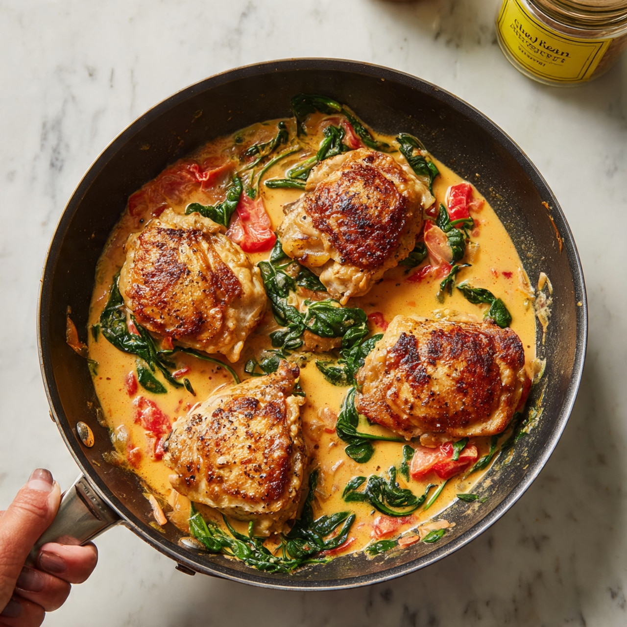 The image shows a black frying pan with four golden brown cooked chicken pieces partially covered with wilted green spinach leaves and surrounded by a creamy orange sauce with visible tomato pieces. The sauce has a smooth texture with hints of herbs and spices. The pan is placed on a white marbled surface, and a woman's hand holding the pan handle is barely visible on the left side. In the background, there are blurry kitchen items including a jar with a yellow label. Photo taken with an iphone --ar 4:5 --v 7