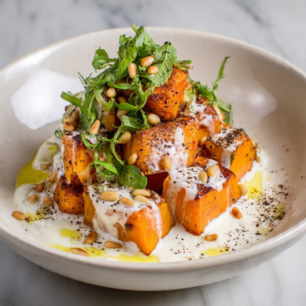 Roasted Pumpkin with Yogurt Sauce and Pine Nuts Recipe