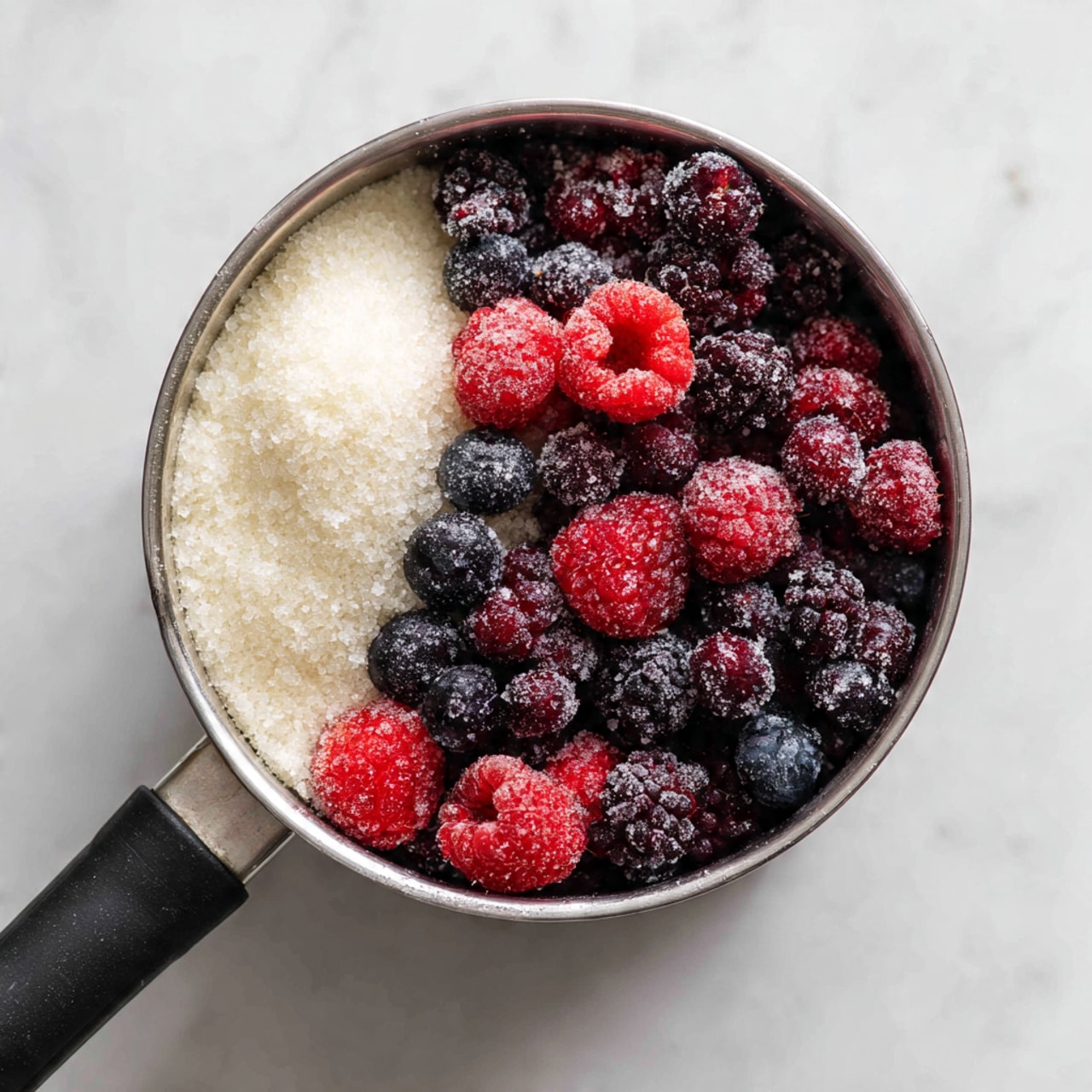A silver metal pot is filled with two main layers: one side has white granulated sugar with a grainy texture, and the other side is packed with a mix of frozen berries including dark purple blueberries, deep red raspberries, and bright red strawberries, all covered lightly in frost. The pot has a black handle and sits on a white marbled surface. photo taken with an iphone --ar 4:5 --v 7