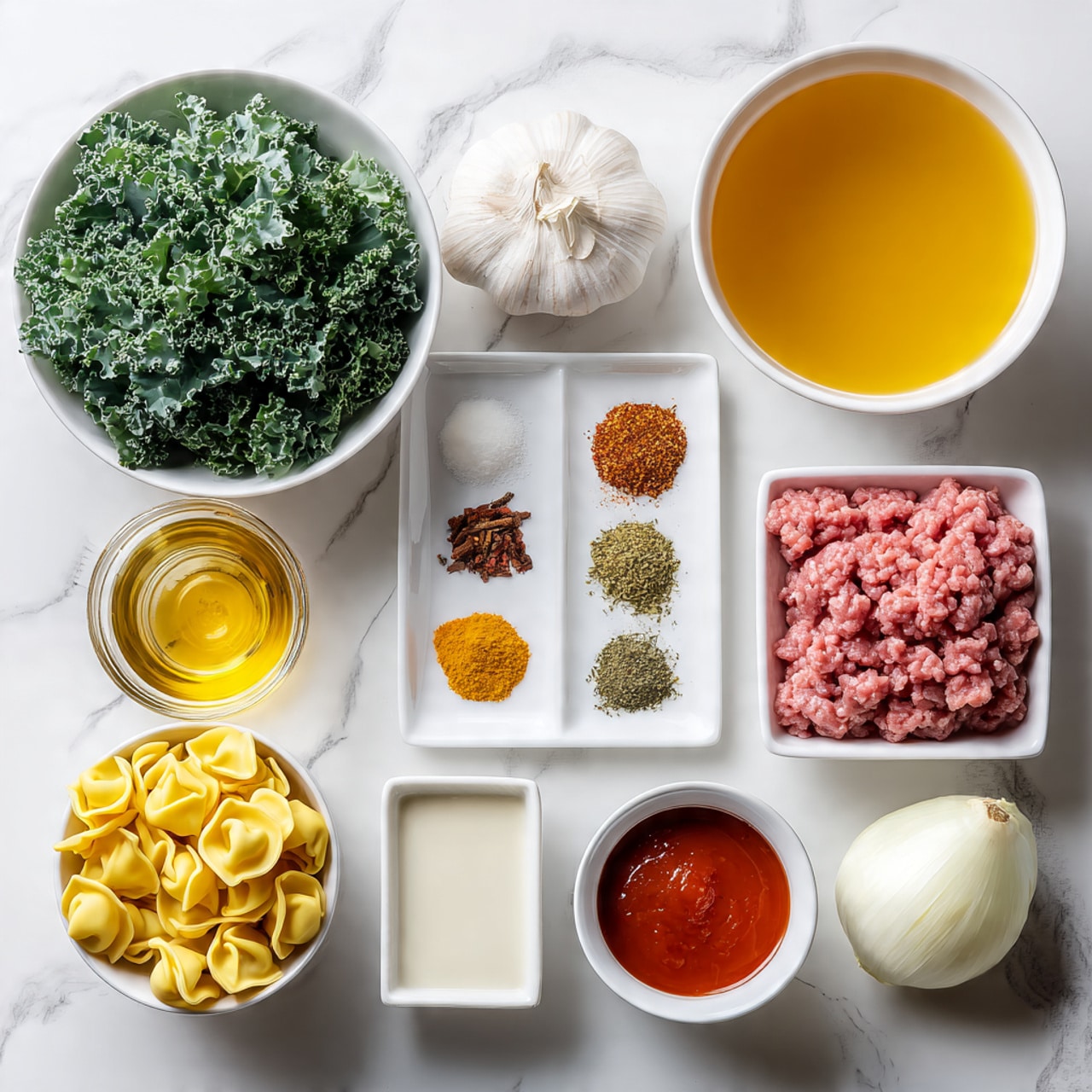 The image shows multiple white bowls and plates arranged on a white marbled surface holding cooking ingredients. The largest white bowl on the right contains a brown liquid broth. Below it, a white bowl is filled with raw yellow tortellini pasta. To the left, a square white plate displays a variety of spices in small piles, with colors including green, red, white, dark brown, and yellow. Above the spices, a white bowl is filled with torn fresh green kale leaves. Nearby, another white bowl contains a white powder with a black measuring spoon inside. A white onion and a bulb of garlic sit on the top right. A small white cup holds a red sauce on the bottom left, and next to it a square white bowl is filled with a white creamy liquid. On the bottom right, a clear container with a white base holds rectangular-shaped seasoned ground meat. Photo taken with an iphone --ar 4:5 --v 7