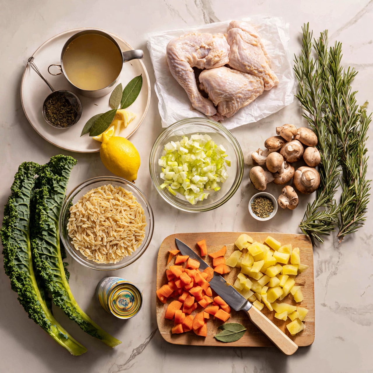 The image shows raw ingredients arranged on a white marbled surface, featuring two pale pink chicken pieces on white paper over a white plate in the top right. Around them are several whole brown mushrooms, a metal cup filled with small pale yellow rice, a glass bowl of white chopped onions, and another bowl of bright green chopped celery. Two lemon halves, fresh green rosemary sprigs, and a bunch of dark green kale leaves lie nearby. A small wooden cutting board holds bright orange carrot sticks and cubes, with a small knife resting on top. Next to the carrots are two small glass bowls of dried herbs and a single bay leaf, and an open can filled with white beans. A clear glass measuring cup with light brown broth or sauce sits on the left side. photo taken with an iphone --ar 4:5 --v 7
