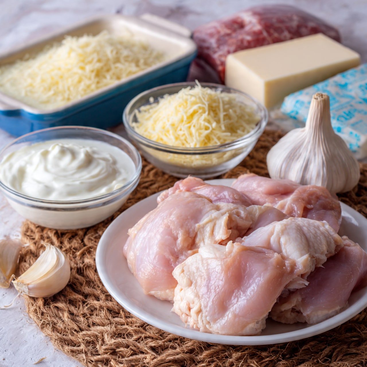The image shows three raw chicken pieces on a white plate placed on a woven mat. Behind them is a blue and white baking dish and a red and white bag of chopped spinach. To the right, there is a box of cream cheese along with a garlic bulb, a small clear bowl of white creamy sour cream, a larger clear bowl filled with shredded cheese, and another small clear bowl with grated cheese. A small green parsley bunch is in front of the chicken plate. The scene is set on a white marbled surface. Photo taken with an iphone --ar 4:5 --v 7