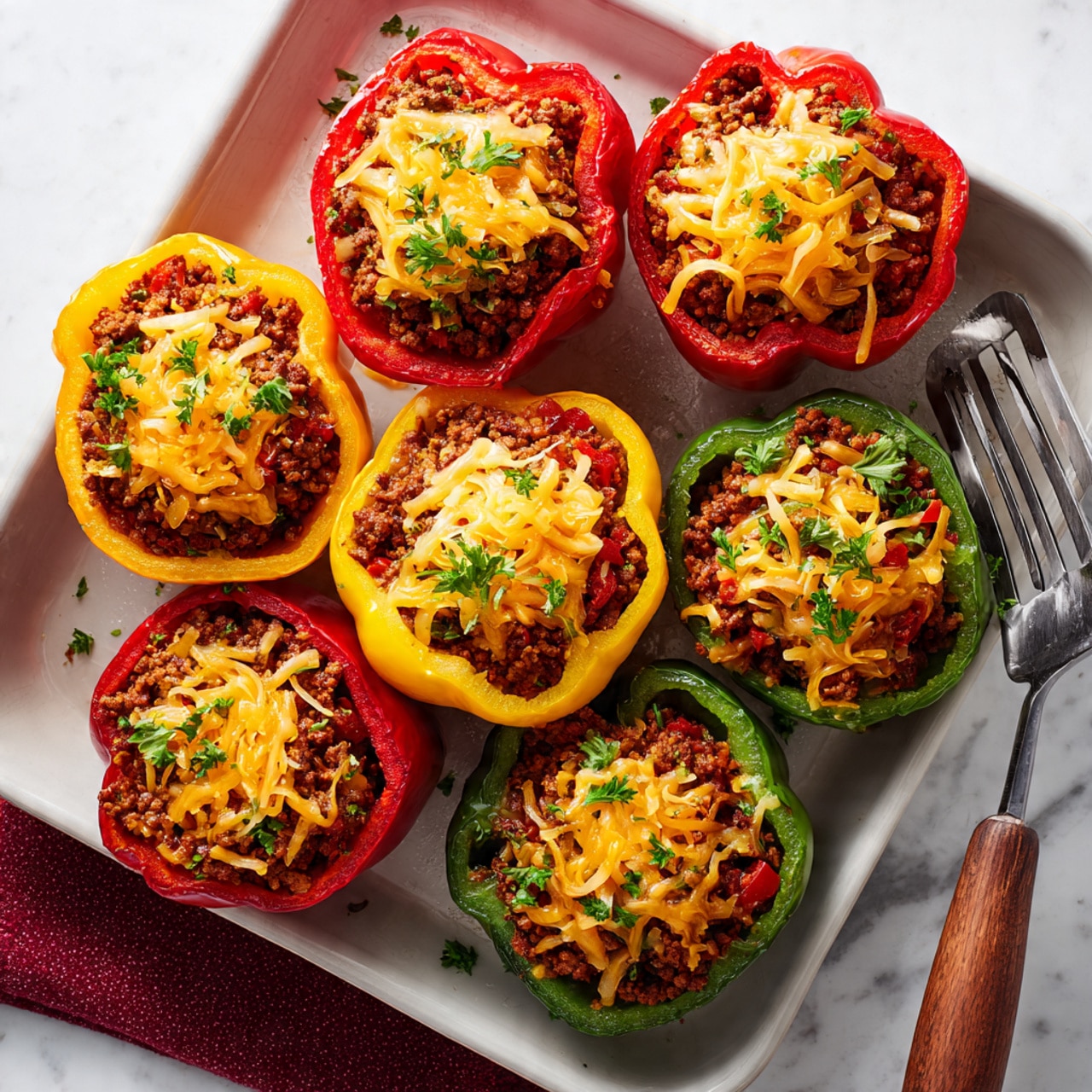 The image shows seven stuffed bell pepper halves on a white baking tray placed on a white marbled surface with a red cloth under the tray. Each pepper half is a different color: red, yellow, or green. Each pepper has three visible layers: a bright, smooth pepper shell forming the base, a middle layer of crumbly, cooked ground meat mixed with small pieces of red bell pepper and onions, and a top layer of melted, shredded cheddar cheese with small green parsley pieces sprinkled over. A metal spatula with a wooden handle is holding one yellow pepper on the tray’s right side. The lighting highlights the vibrant colors and textures of the peppers and stuffing. photo taken with an iphone --ar 4:5 --v 7