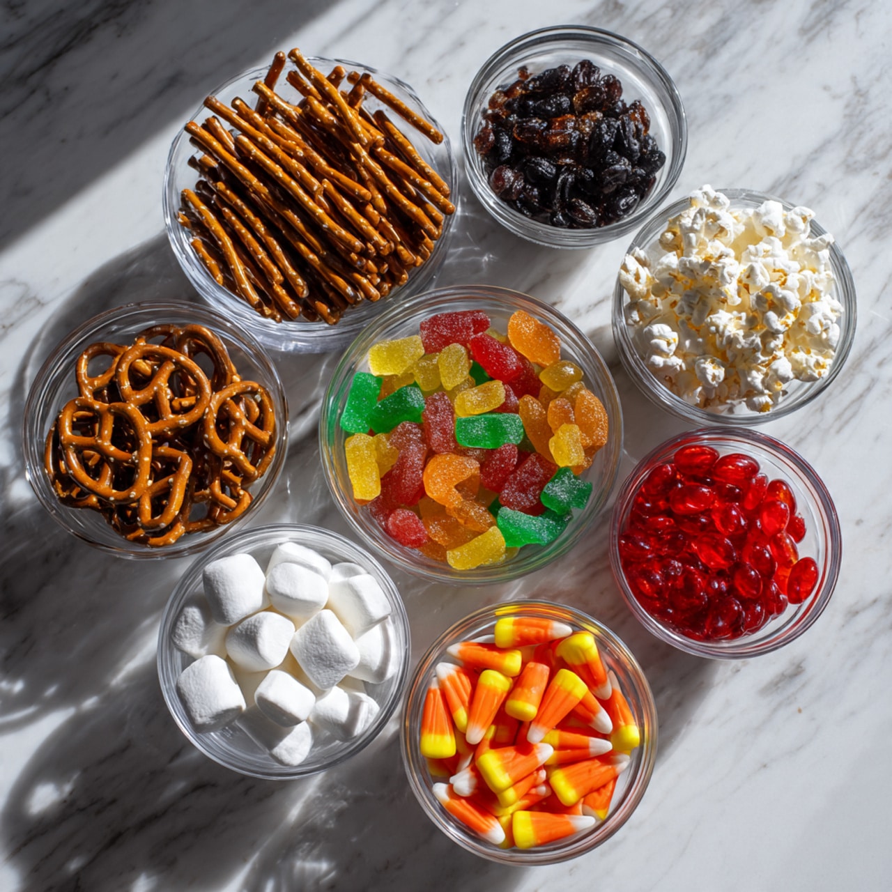 There are eight clear glass bowls arranged on a white marbled texture, filled with different snacks. The first bowl holds long, thin brown pretzel sticks with a crunchy texture. The second bowl contains small, shiny black candies, smooth and round. The third bowl is filled with colorful, red, green, yellow, and orange gummy bears. The fourth bowl is full of white, fluffy mini marshmallows. The fifth bowl has bright red licorice sticks, long and twisted. The sixth bowl contains orange, yellow, and white candy corn pieces, smooth and pointed. The seventh bowl has small, shiny dark raisins, wrinkled in appearance. The eighth bowl holds small, red candy-coated chocolates, smooth and round. The scene is lit with natural light showing light shadows. Photo taken with an iphone --ar 4:5 --v 7