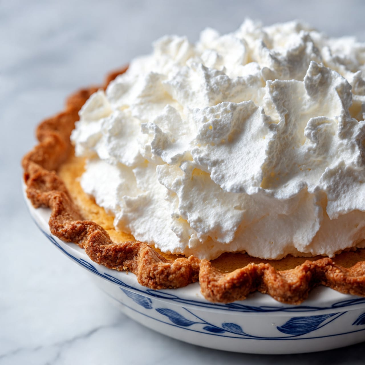 A close-up image shows a pie with one visible layer of golden brown, crimped pie crust forming the base and edge. On top of the crust, there is a large, fluffy mound of bright white whipped topping with soft peaks curling upward, giving it a light and airy texture. The pie is in a white dish decorated with a simple dark blue curved pattern around its side. The background has a smooth white marbled texture. photo taken with an iphone --ar 4:5 --v 7