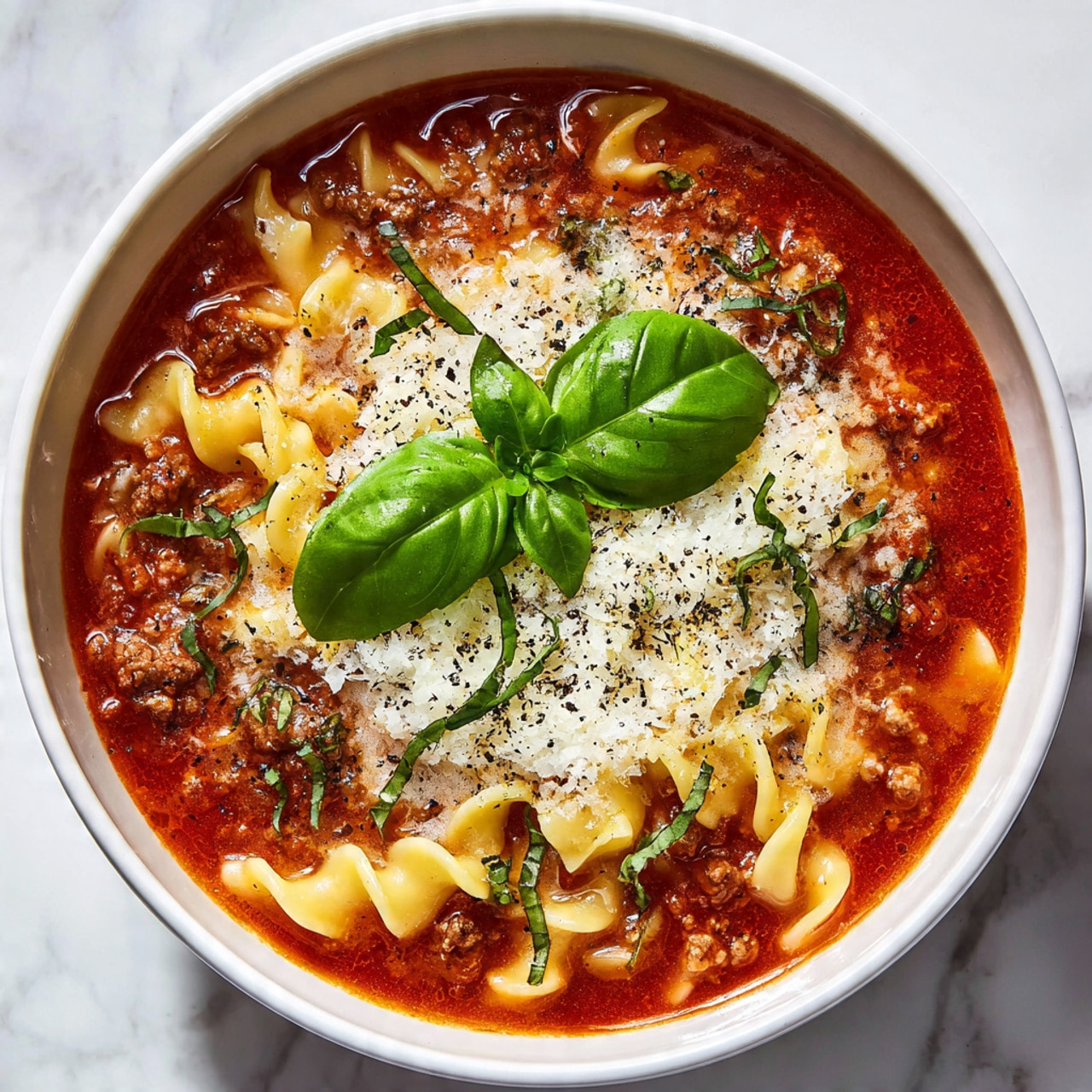 A white bowl filled with lasagna soup is shown on a white marbled surface. The soup has a rich red tomato base with visible herbs. On top, there is a thick layer of light crumbled white cheese sprinkled with cracked black pepper, and thin strips of green basil leaves adding fresh color. A fresh bright green basil sprig rests on top as garnish. The textures include smooth tomato broth, crumbly cheese, and soft herbs. photo taken with an iphone --ar 4:5 --v 7