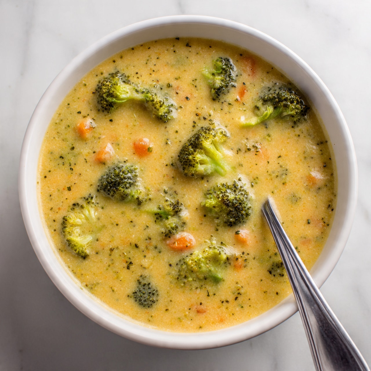 A thick creamy soup filled with broccoli florets and small pieces of carrot in a white bowl. The soup is light yellow with a smooth, rich texture, and the broccoli pieces are green and soft-looking, scattered evenly throughout. A silver spoon is partly inside the bowl, resting on the side. The bowl sits on a white marbled surface. photo taken with an iphone --ar 4:5 --v 7