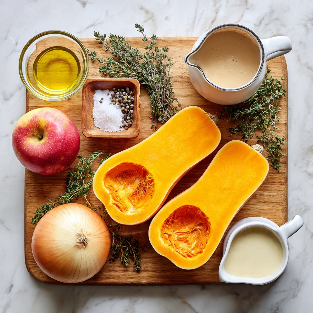 The image shows a wooden cutting board on a white marbled surface, holding several ingredients. There are two large yellow butternut squash halves with smooth inner texture facing up, placed on the right side of the board. On the left side, there is a yellow onion, one half peeled to show its white layers inside. Nearby is a red and green apple with a shiny skin. Fresh green thyme sprigs lie beneath the apple. A small wooden square dish holds white salt and ground black pepper. Small clear glass containers with golden olive oil and light brown apple cider vinegar are also on the board. Next to the squash is a small white cream pitcher filled with a thick white sauce. Photo taken with an iphone --ar 4:5 --v 7