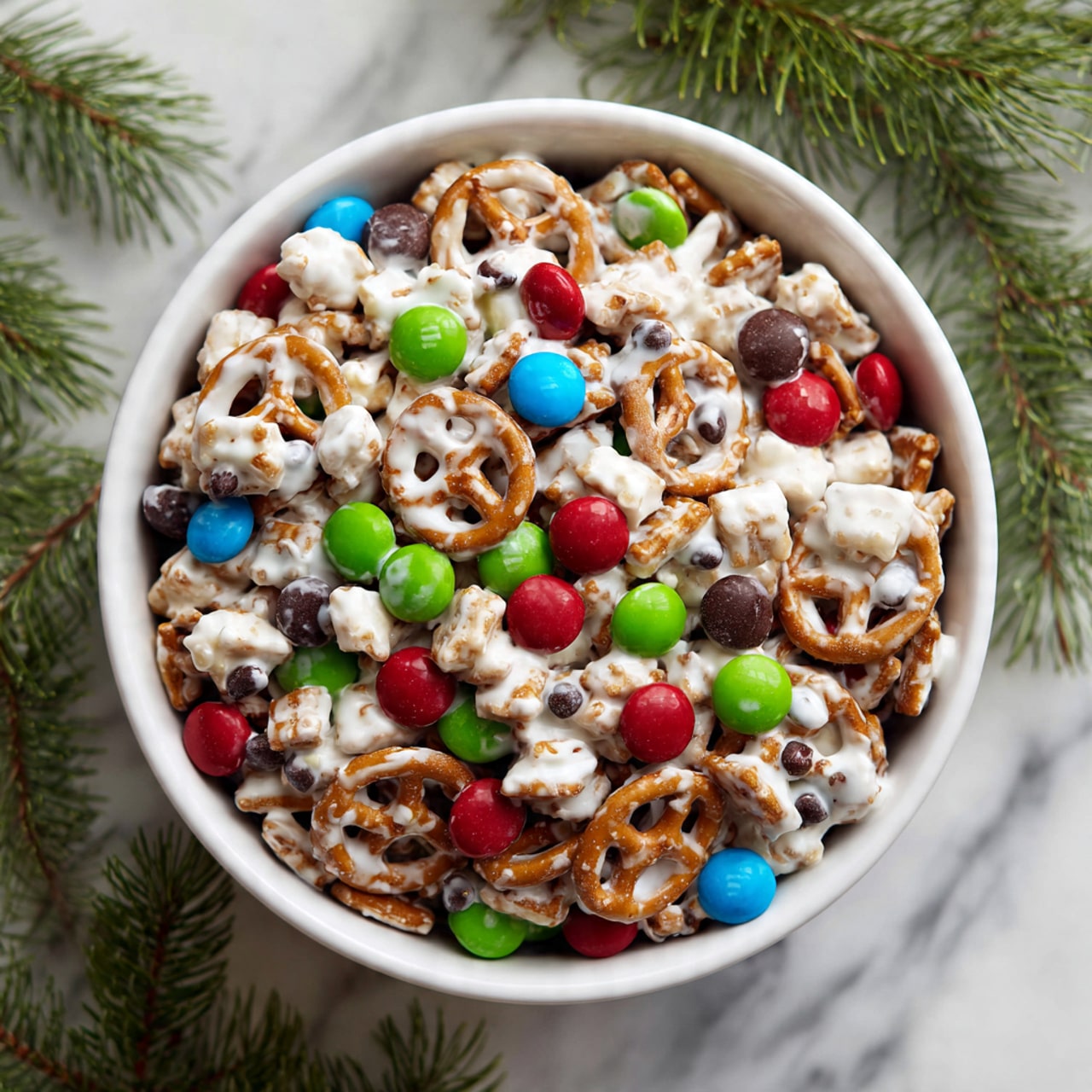 A bowl filled with a mixture of small pretzels coated in a white, creamy layer, mixed with round red, green, and blue chocolate candies, as well as tiny dark chocolate chips. The pretzels have a light brown color and a crunchy texture, while the candy pieces add bright pops of color throughout the mix. The bowl is white, round, and smooth, placed on a white marbled surface with green pine branches scattered around it, adding a festive touch. Photo taken with an iphone --ar 4:5 --v 7