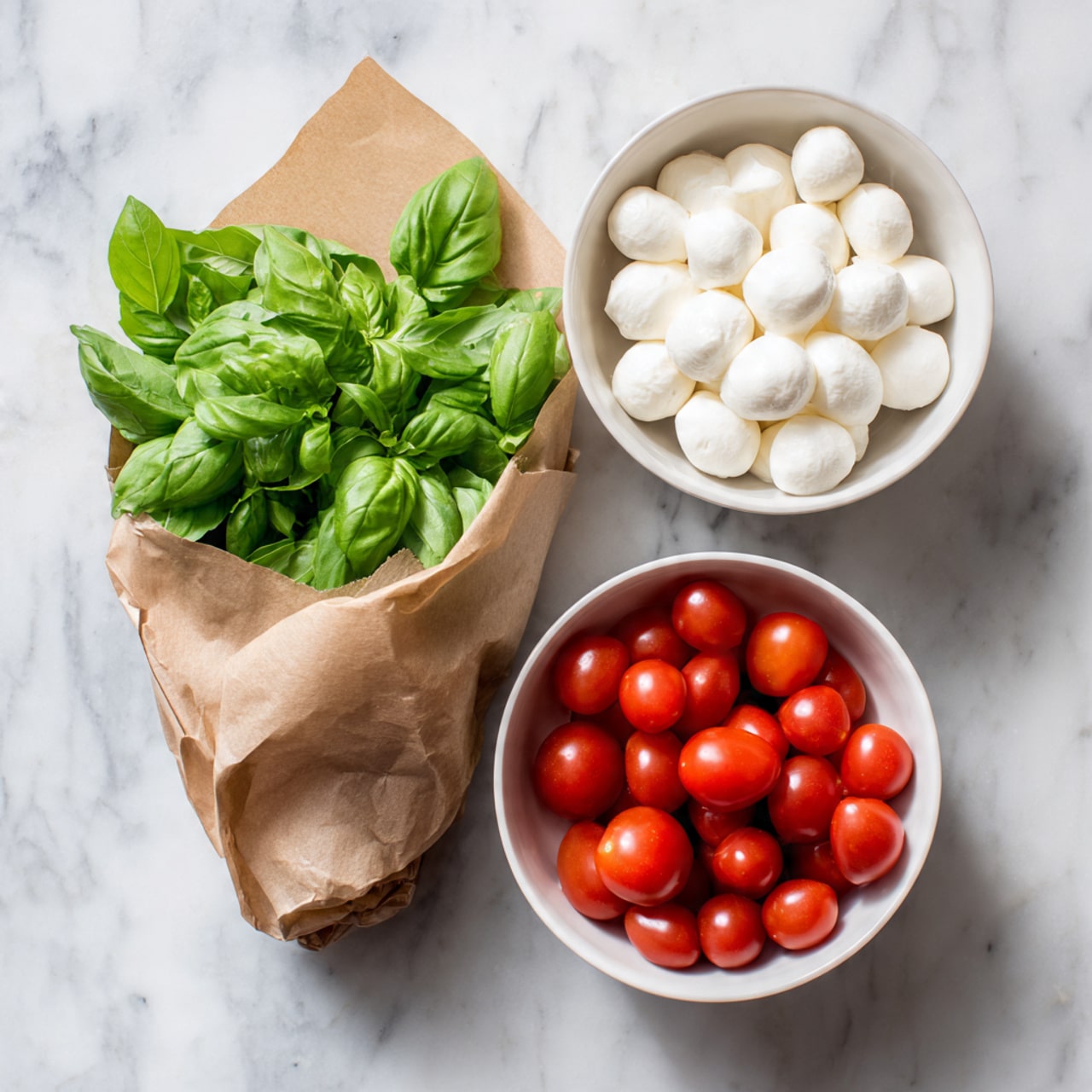 The image shows three items arranged on a white marbled surface. On the left, there is a small bunch of fresh green basil leaves wrapped in brown paper with printed text. To the right of the basil, there is a white bowl filled with small white mozzarella balls, each smooth and round. Below and slightly to the right of the mozzarella, there is another white bowl filled with shiny, bright red cherry tomatoes, which look fresh and ripe. The layout is simple, with the basil on the left and the two bowls on the right, creating a balanced, colorful display. Photo taken with an iphone --ar 4:5 --v 7