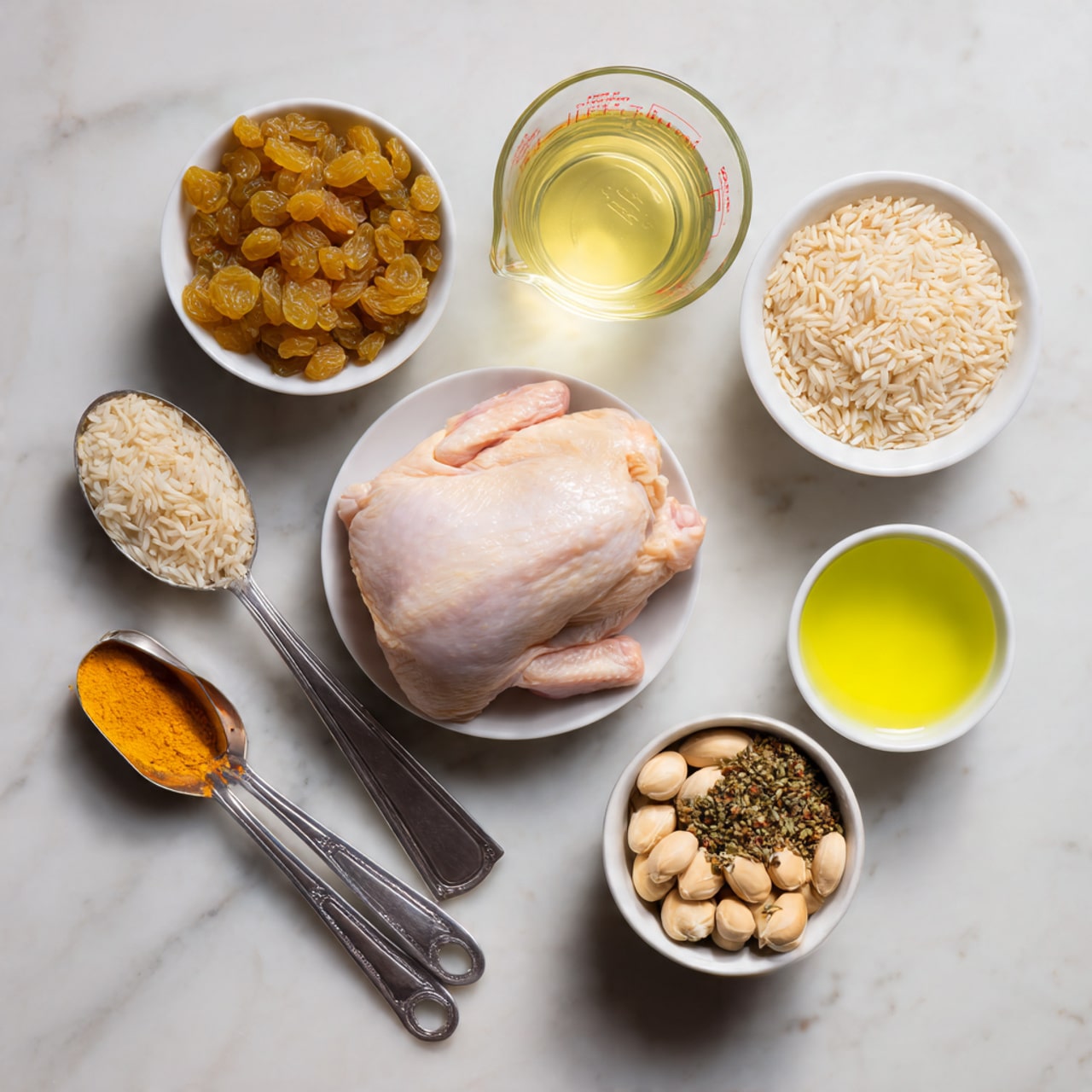 The image shows a top-down view of various cooking ingredients arranged on a white marbled surface. In the center, there is a white bowl with raw chicken pieces having a pale pink color and smooth skin. Surrounding the bowl, on the top left is a white bowl filled with golden yellow raisins. Slightly above center is a glass measuring cup containing a light beige liquid. To the top right is a white bowl with bright greenish-yellow oil. On the right side below the oil bowl, there is a white bowl with a mix of brown and orange spices. On the bottom left, there is a metal measuring cup filled with white rice grains and next to it, a smaller metal measuring cup filled with light tan peanuts. At the bottom right, two metal measuring spoons hold small piles of ground yellow-orange spices. The overall look is clean and organized, on a smooth white marbled texture. photo taken with an iphone --ar 4:5 --v 7