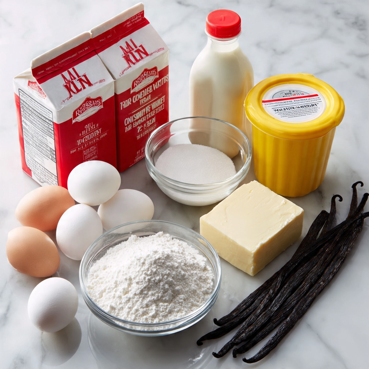 A group of baking ingredients arranged on a white marbled surface includes three white eggs in a small clear glass bowl, a clear glass measuring cup filled halfway with white granulated sugar, and a bright yellow container of corn starch with a white lid. Behind these, there is a large red and white carton of whole milk and a smaller bottle of heavy whipping cream with a matching red and white design. A stick of butter in silver and blue wrapping sits beside several long, dark vanilla pods laid out flat. To the right of these ingredients is a large black box of coarse kosher salt with white text. The photo taken with an iphone --ar 4:5 --v 7