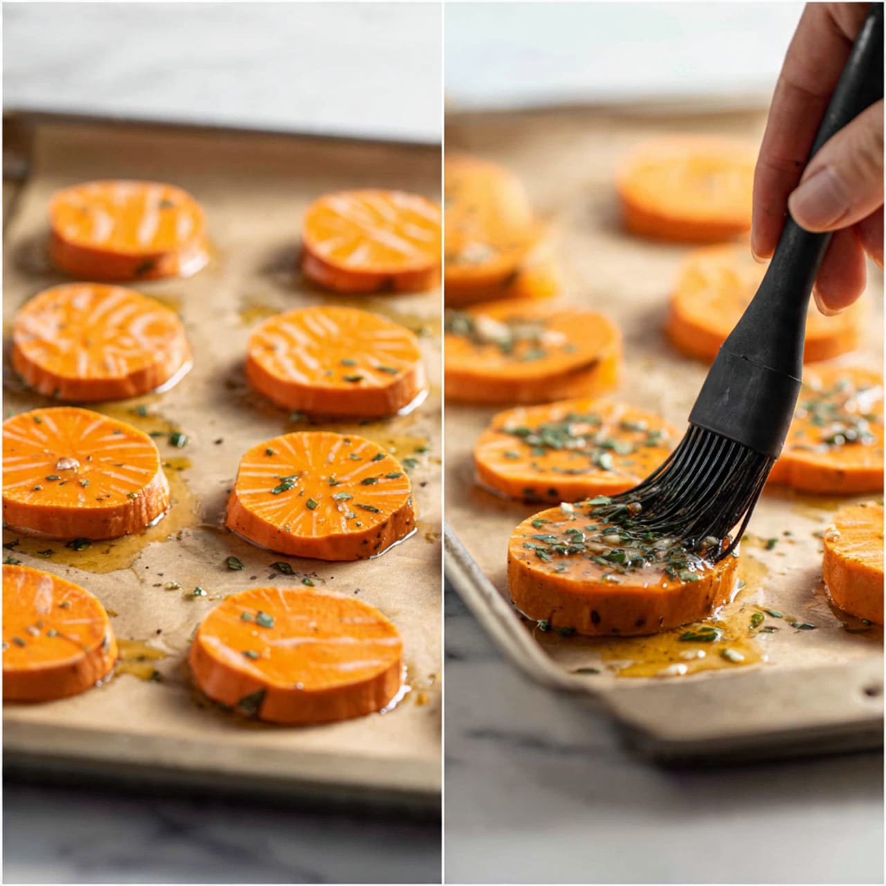 A baking tray lined with parchment paper holds two rows of round, orange sweet potato slices of different sizes spread out evenly. In the second image, a woman's hand is brushing a light glaze with herbs and small white bits over the sweet potato slices, adding a shiny texture to their surface. The tray and sweet potatoes have a warm, rustic look with the natural pattern of the sweet potato slices showing clearly. Photo taken with an iphone --ar 4:5 --v 7