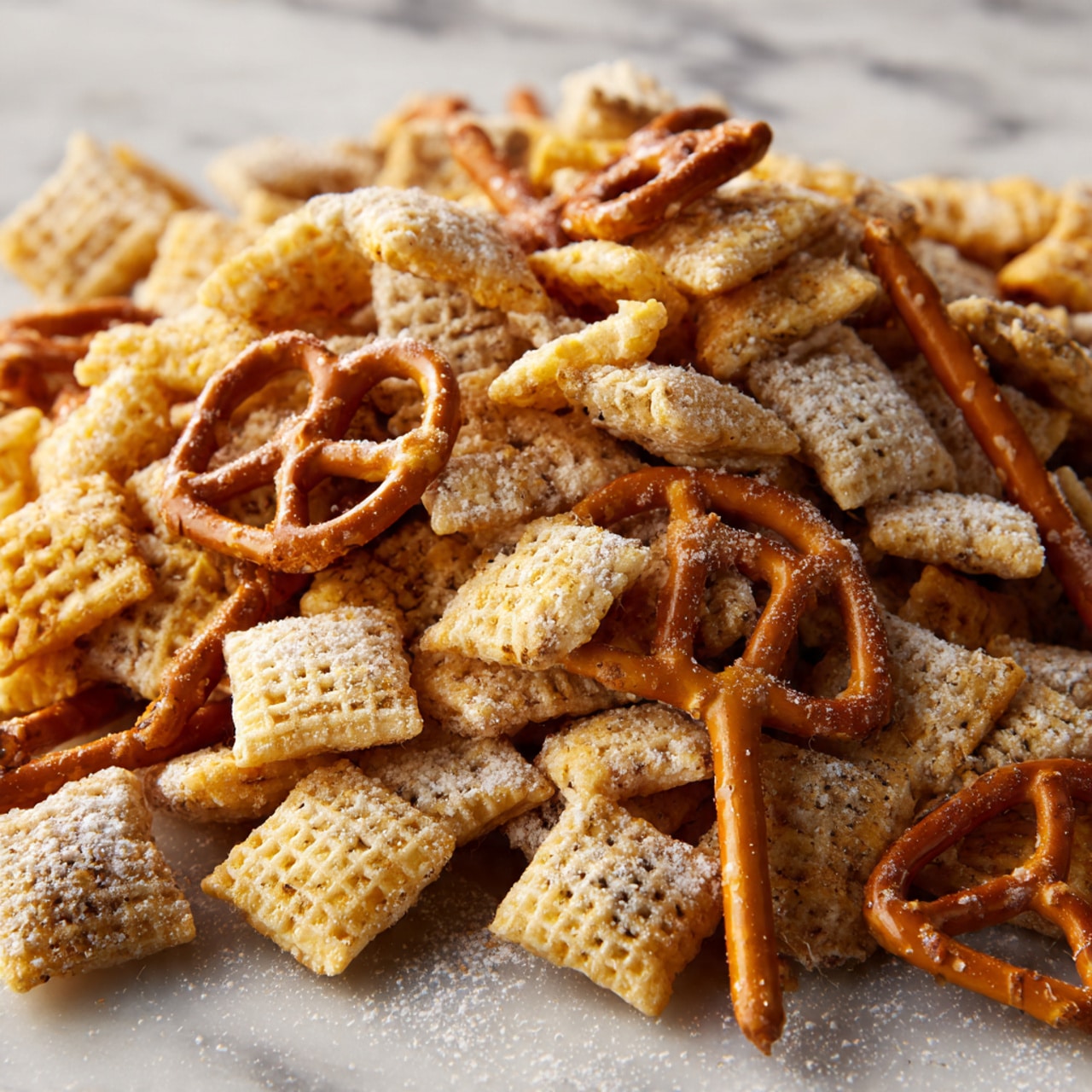 A close-up image of a snack mix piled high, featuring layers of square, checkered cereal pieces in light yellow and beige tones. There are thin sticks and small pretzels with a light brown color scattered throughout the mix, with a visible dusting of white powdered sugar spread evenly over the top. The texture looks crunchy and slightly sticky. The snack is placed on a surface with a white marbled texture. Photo taken with an iphone --ar 4:5 --v 7