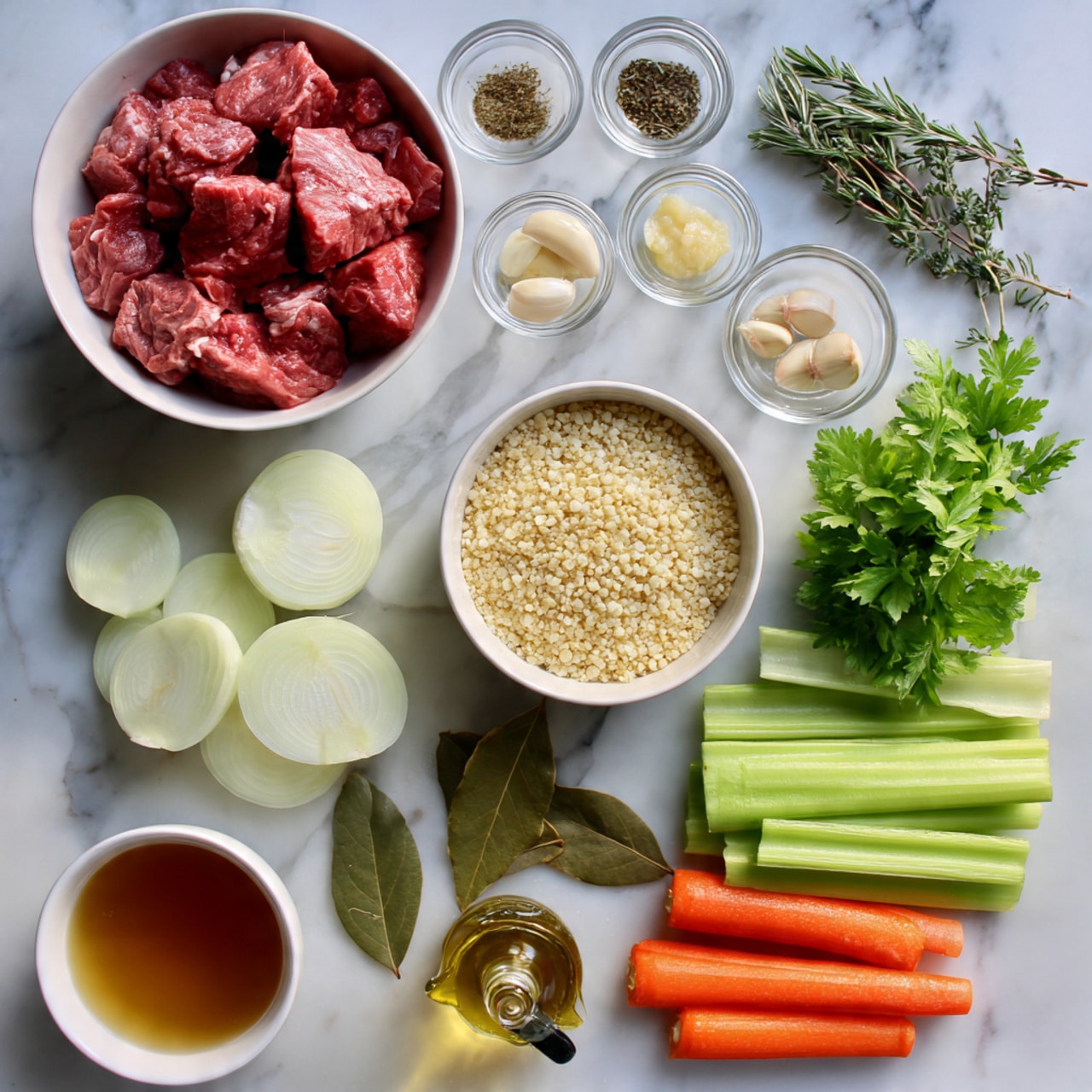 The image shows several ingredients neatly arranged on a white marbled surface. At the top left, there is a white bowl filled with raw red meat chunks. Around it, small clear glass bowls hold various spices and peeled garlic cloves. Below, slices of white onion sit on the surface beside a bowl filled with pale yellow grains. To the right, there are two whole orange carrots, green celery sticks, and fresh green parsley leaves. A white bowl at the bottom left contains a brown liquid, while a small bottle of golden oil lies nearby. Two dried bay leaves are placed near the vegetables. The colors contrast well with the white marbled surface photo taken with an iphone --ar 4:5 --v 7