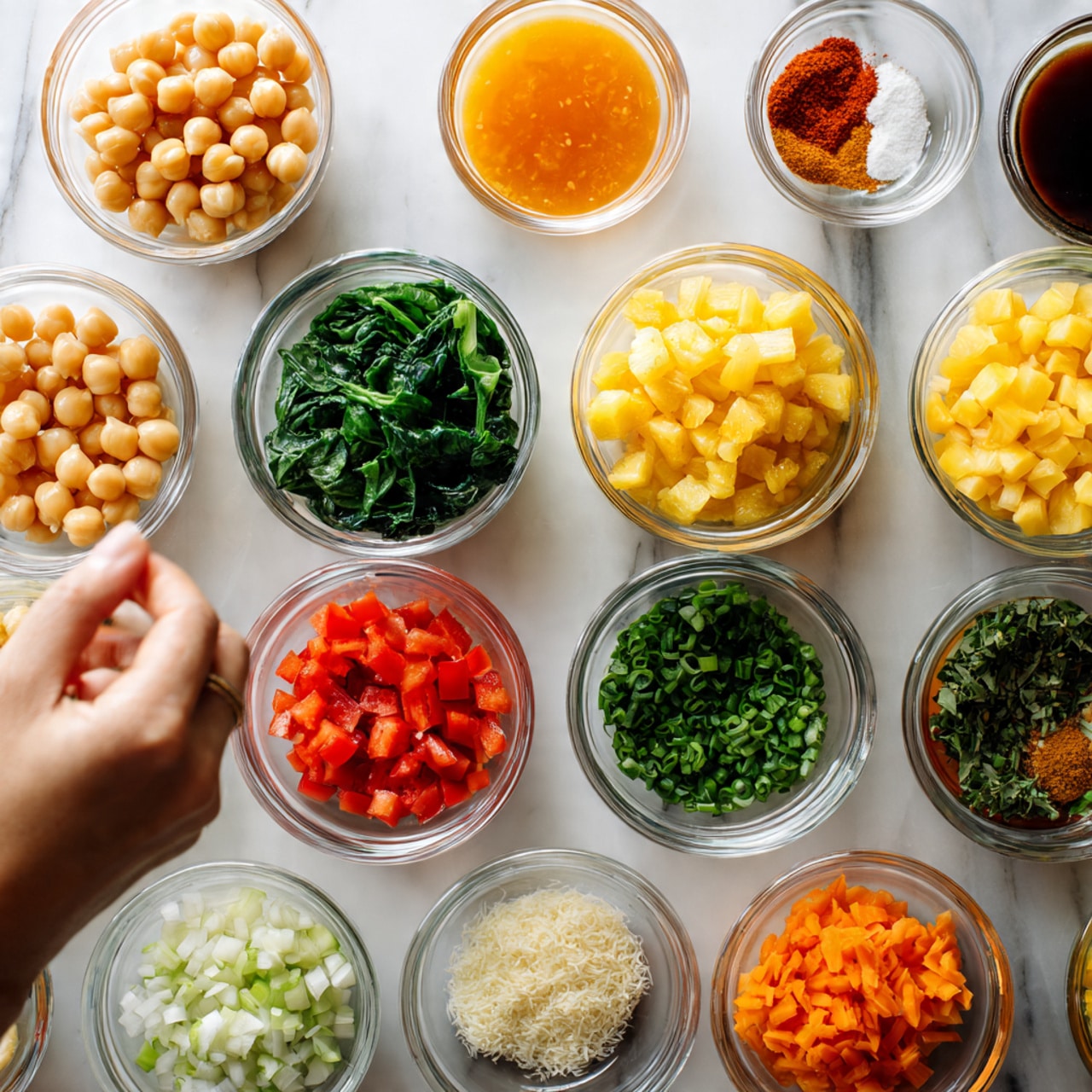 A top-down view of 13 small clear glass bowls neatly arranged on a white marbled surface in a loose grid. The bowls contain various colorful ingredients: whole chickpeas with a beige tone, fresh green leafy spinach, bright orange liquid honey, small yellow cubed pineapple pieces, golden yellow corn kernels, finely chopped red tomatoes, small red diced bell peppers, chopped green scallions, thin orange carrot slices, white minced garlic, creamy white grated cheese, chopped green herbs, and small portions of dark soy sauce along with different spices like black pepper and red chili powder. A woman's hand is about to pick one bowl on the left. photo taken with an iphone --ar 4:5 --v 7