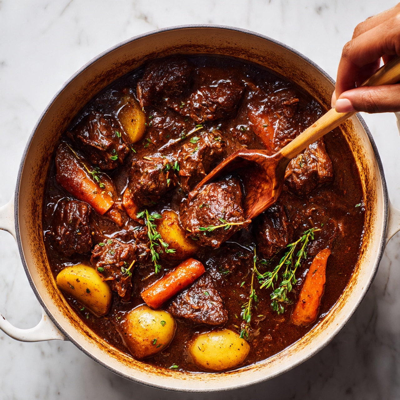 The image shows a close-up of a large white pot filled with rich, dark brown stewed meat pieces cooked in thick sauce. The meat has a textured surface with some visible string ties on two pieces. Scattered around the meat are small, soft orange carrot slices and a few slices of yellow potatoes, all covered in the glossy, dark sauce. A woman's hand with wooden tongs is holding one piece of meat above the pot. The background surface is white marble, giving a clean and bright contrast to the dark, hearty stew. Photo taken with an iphone --ar 4:5 --v 7