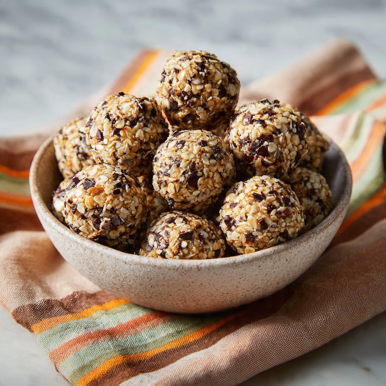 A bowl full of small round energy balls made of oats, chocolate chips, and seeds packed tightly together. Each ball shows a rough texture with bits of oats and dark chocolate scattered all over, giving a mix of light beige, dark brown, and tan colors. The bowl is white with a rough texture and holds about a dozen balls. The background is a soft fabric with wavy stripes in pastel orange, teal, beige, and light brown colors. The lighting is soft and natural, highlighting the texture of the energy balls and the folds in the fabric. Photo taken with an iphone --ar 4:5 --v 7