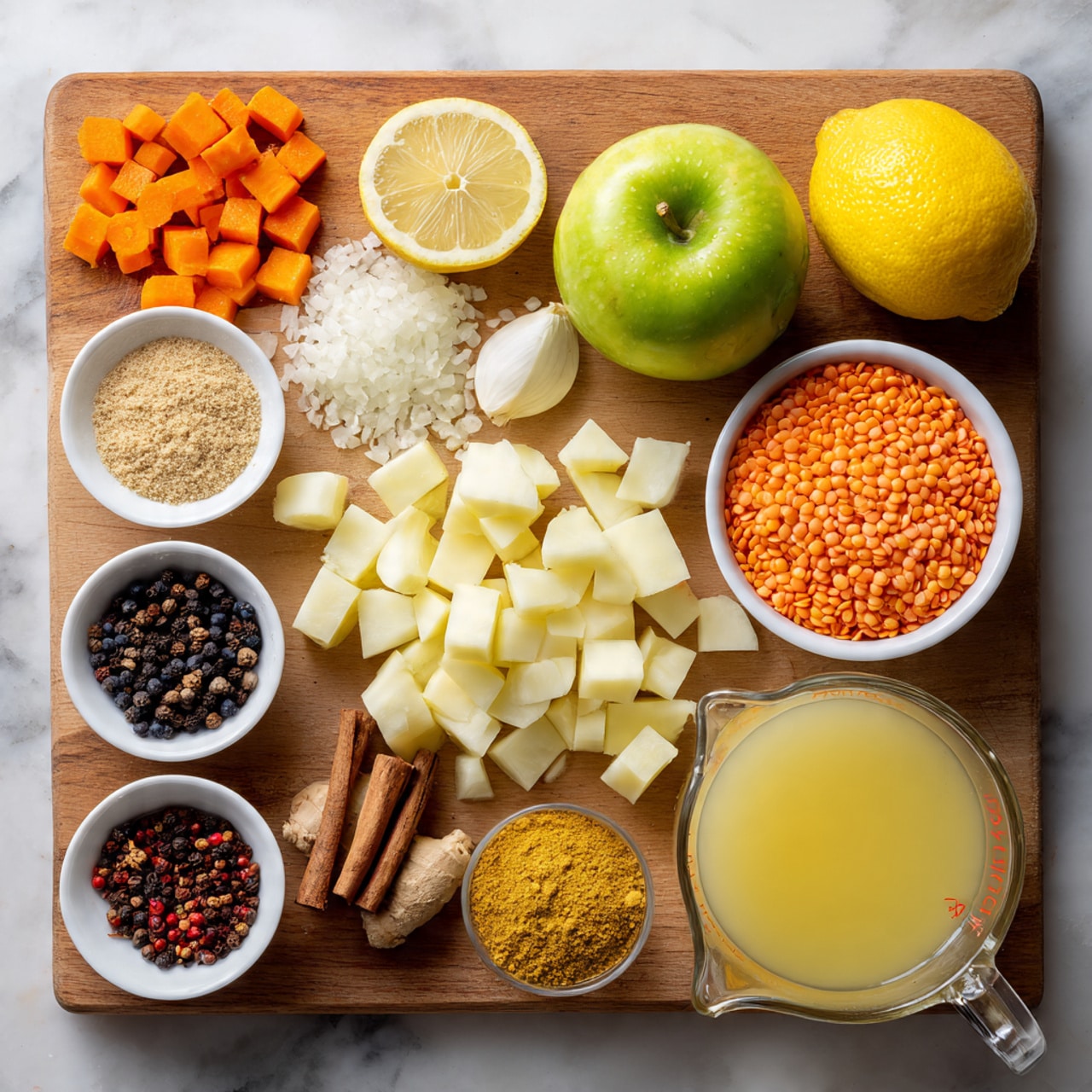 The image shows a wooden cutting board placed on a white marbled texture surface, with various cooking ingredients neatly arranged. From the top left, there is a pile of small, bright orange carrot cubes, next to half a lemon which is yellow and fresh-looking. Below the lemon, there are thin slices of white garlic. A whole green apple and a chunk of light brown ginger root are positioned side by side in the middle-right area. Below the carrot cubes, there is a pile of white chopped onions, and just below the apple and ginger, a white bowl filled with bright orange lentils. At the bottom left, there is a pile of pale yellow cubed potato pieces. Two small white bowls hold spices: one with dark whole spices including cinnamon and cloves, and the other with ground turmeric, curry powder, and red chili powder. At the bottom right, a clear measuring jug contains light yellow broth. The setup is clean and well organized. photo taken with an iphone --ar 4:5 --v 7