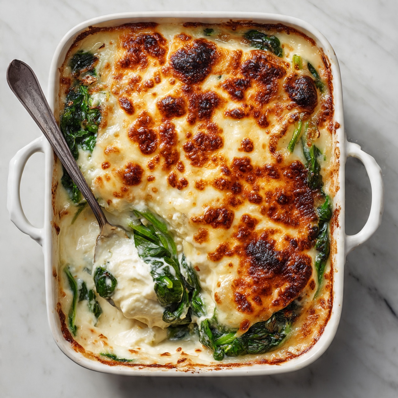 A white baking dish filled with two thick layers of baked chicken topped with melted cheese that is golden brown and bubbly in places, sitting on a bed of dark green spinach leaves peeking through the cheese edges, with creamy white sauce around the chicken. A spoon is scooping out a portion from the bottom right corner of the dish, showing the tender, white inside of the chicken covered with creamy cheese. The edges of the baking dish are browned with baked cheese bits. The dish is placed on a white marbled surface. photo taken with an iphone --ar 4:5 --v 7