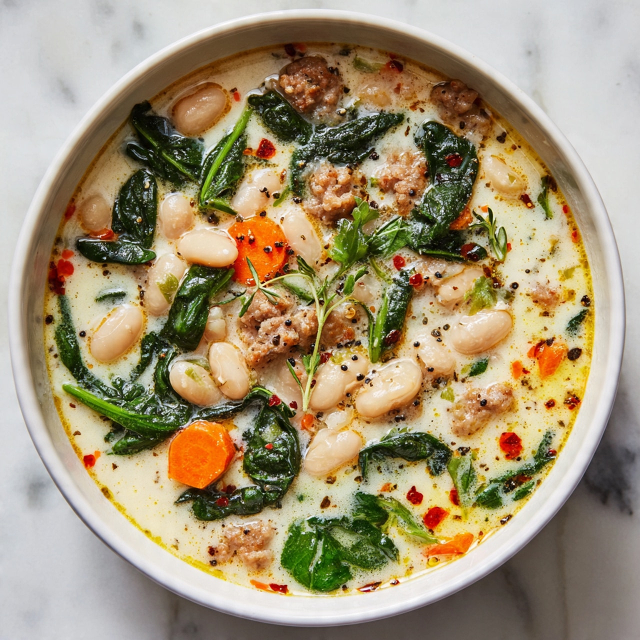 A close-up view of a creamy white soup in a white bowl, filled with many white beans scattered across the top. There are small brown chunks of sausage mixed in, along with bright orange carrot pieces and dark green spinach leaves. Tiny green herb sprigs and a light sprinkling of black seasoning float on the surface, which has a smooth, slightly oily cream texture with red specks. The bowl sits on a white marbled surface with a few green herb stems peeking in from the side. Photo taken with an iphone --ar 4:5 --v 7