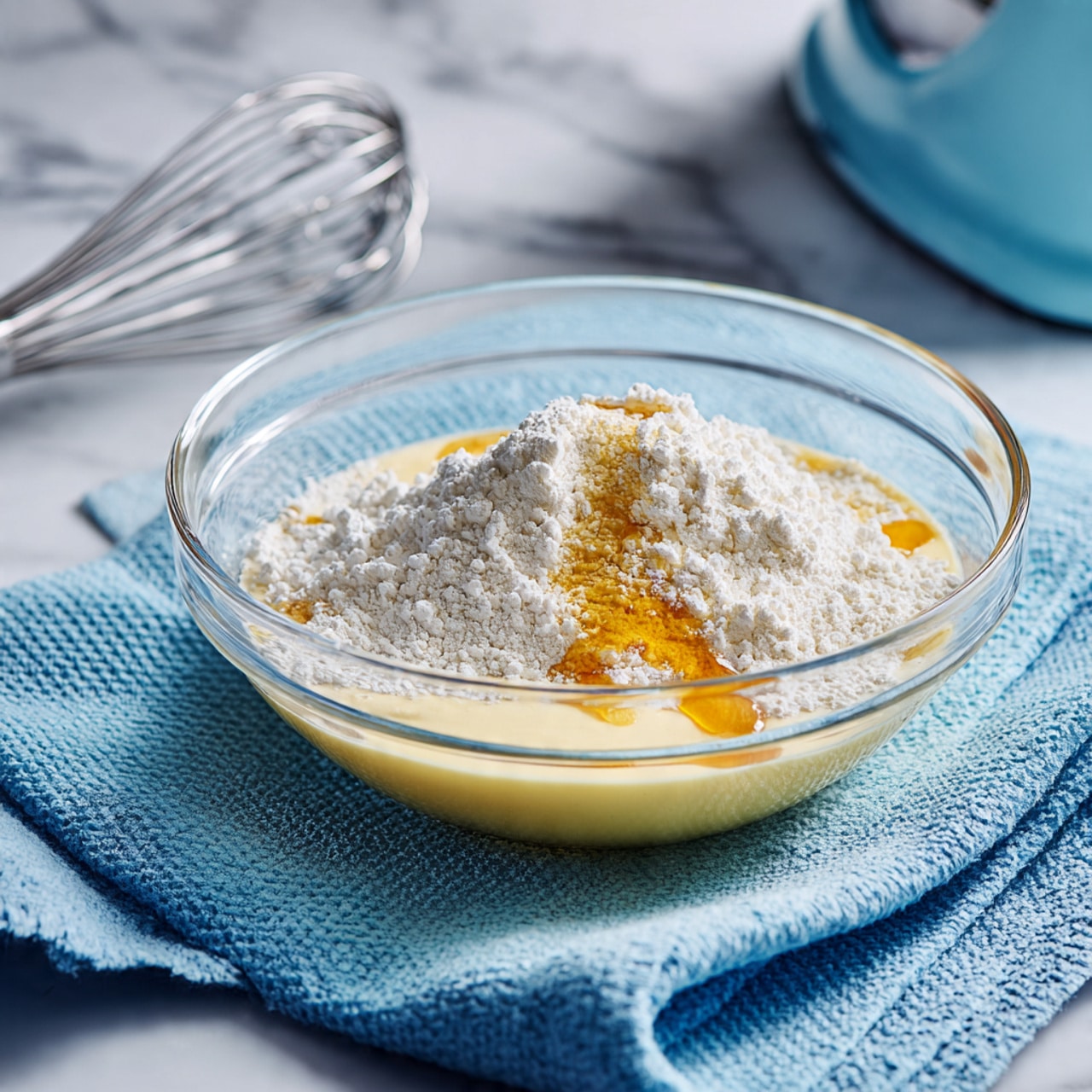 A clear glass bowl sits on a light blue textured cloth over a white marbled surface. Inside the bowl, there is a mixture with three visible layers: a pale yellow creamy base forming the bottom layer around the edges, a mound of bright white powder in the center, and amber-colored liquid drizzled over the white powder. On the side of the bowl lies a silver whisk with a metal handle. A light blue electric mixer is partially visible in the upper left corner, positioned just above the bowl. Photo taken with an iphone --ar 4:5 --v 7