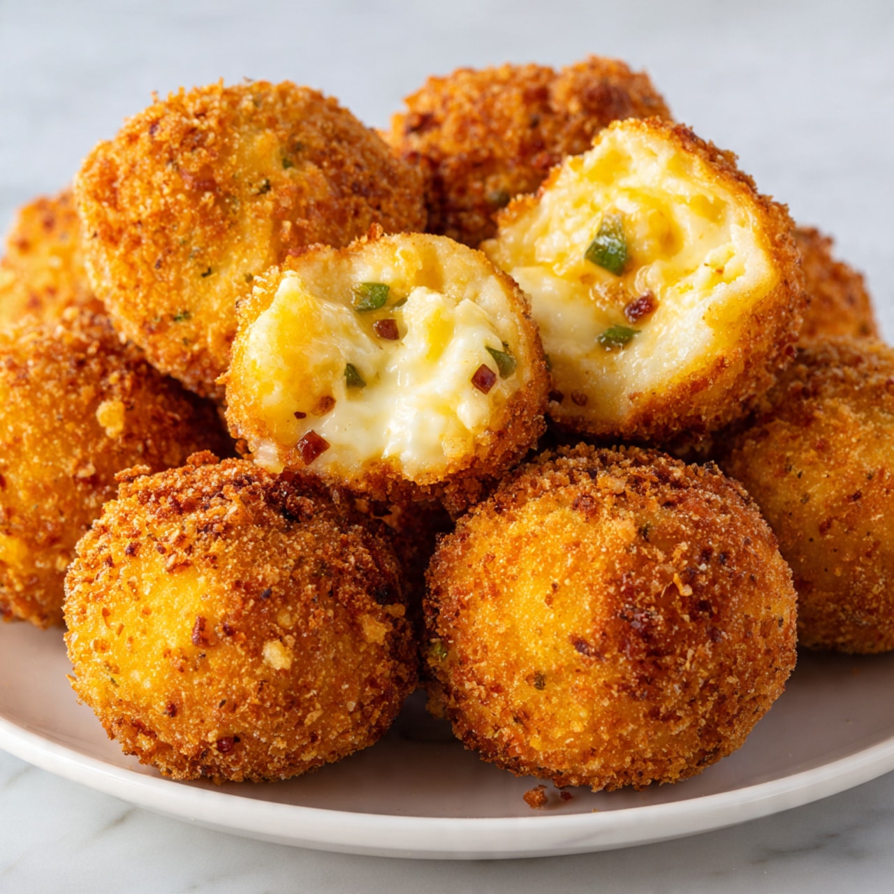 The image shows several round, golden-brown fried balls with a crispy texture on the outside. One of the balls is broken open, revealing a creamy, pale yellow inside with small bits of green herbs mixed throughout. The balls have a rough, crunchy outer layer with a slightly crumbly surface. They sit closely together on a white plate, placed on a white marbled surface. photo taken with an iphone --ar 4:5 --v 7