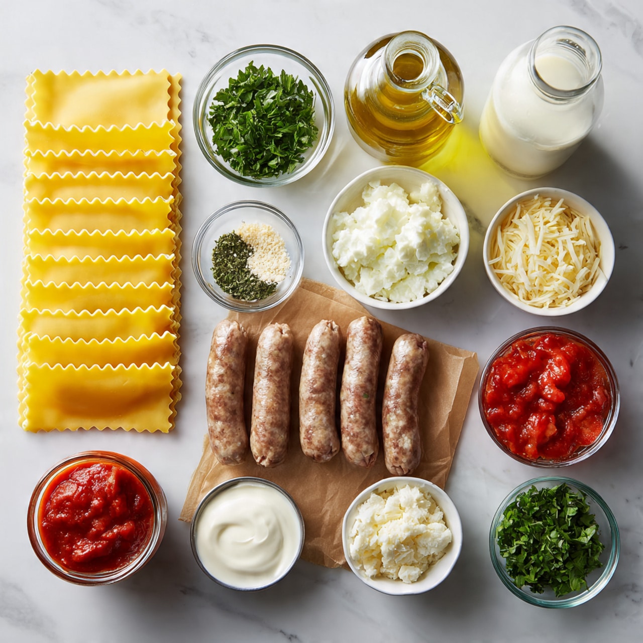The image shows ingredients for making lasagna laid out on a white marbled surface. There are six uncooked yellow lasagna sheets with wavy edges in the top center. To the right, four raw sausages rest on brown paper. Above them, there is a clear glass bottle filled with yellow olive oil and two open cans of diced tomatoes with red sauce. Below the sausages, a carton of cream sits. On the left side, there are small white bowls containing chopped green parsley, minced garlic, tomato paste, shredded mozzarella, and Parmesan cheese. Three small bottles labeled black pepper, salt, and Italian seasoning are placed in the bottom center next to a small white bowl with dry Italian herbs and a clear bowl of chopped white onions. Photo taken with an iphone --ar 4:5 --v 7