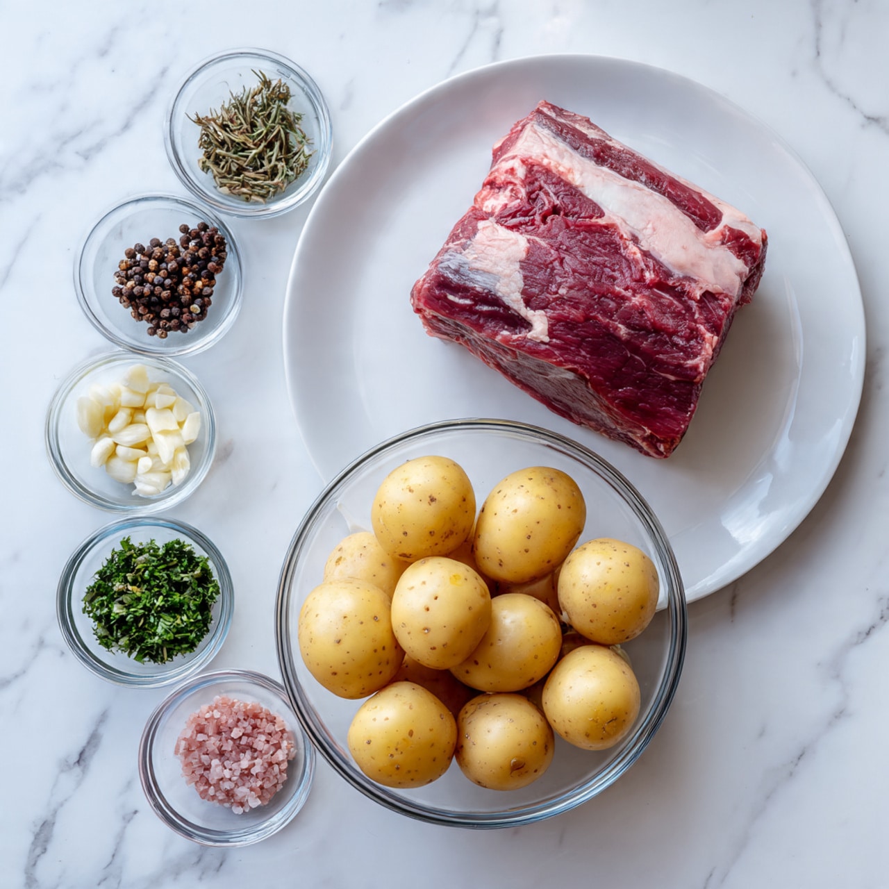 The image shows a white plate on a white marbled surface with a large raw meat piece on it. Next to the plate, there is a clear glass bowl filled with round, light yellow potatoes. Around the bowl, there are seven small clear containers, each holding different ingredients: one has chopped garlic, another has dark peppercorns, one has finely chopped green herbs, another has a reddish powder, one contains minced ginger, another has pink salt, and the last has small bits of a light pink ingredient. Photo taken with an iphone --ar 4:5 --v 7