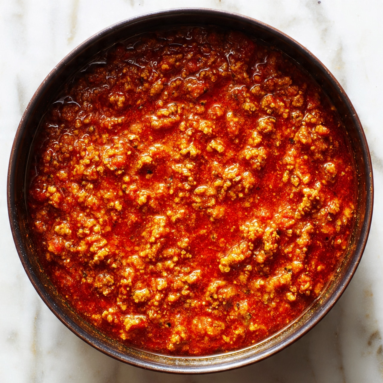The image shows a pot filled with a thick, chunky sauce made of small pieces of cooked ground meat mixed with a rich reddish-orange sauce. The texture looks soft and slightly oily, with some bits of meat visible throughout. The pot is dark but the focus is on the sauce inside, which fills the pot almost to the top. The surface behind the pot is a white marbled texture. photo taken with an iphone --ar 4:5 --v 7