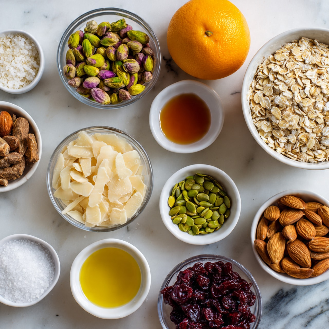 A top-down view shows multiple clear and white bowls arranged on a white marbled surface, each holding different ingredients. The largest bowl on the top right contains light tan rolled oats with a rough texture. To the left of it, a smaller clear bowl is filled with green and purple pistachio nuts. Below the pistachios, another clear bowl holds pale beige almond slices, smooth and slightly curved. Centered near the top, two small white bowls contain amber-colored liquids, one darker and one lighter. Near the center bottom, two white bowls contain green pumpkin seeds and brown whole almonds. Between them, a golden liquid fills a clear bowl. A small white bowl holds coarse white salt near the bottom left, beside another white bowl filled with light beige seeds. A small clear bowl at center-right contains bright white coconut flakes, and a larger clear bowl below that is filled with dark red dried cranberries. An orange fruit sits near the middle with smooth bright skin. photo taken with an iphone --ar 4:5 --v 7