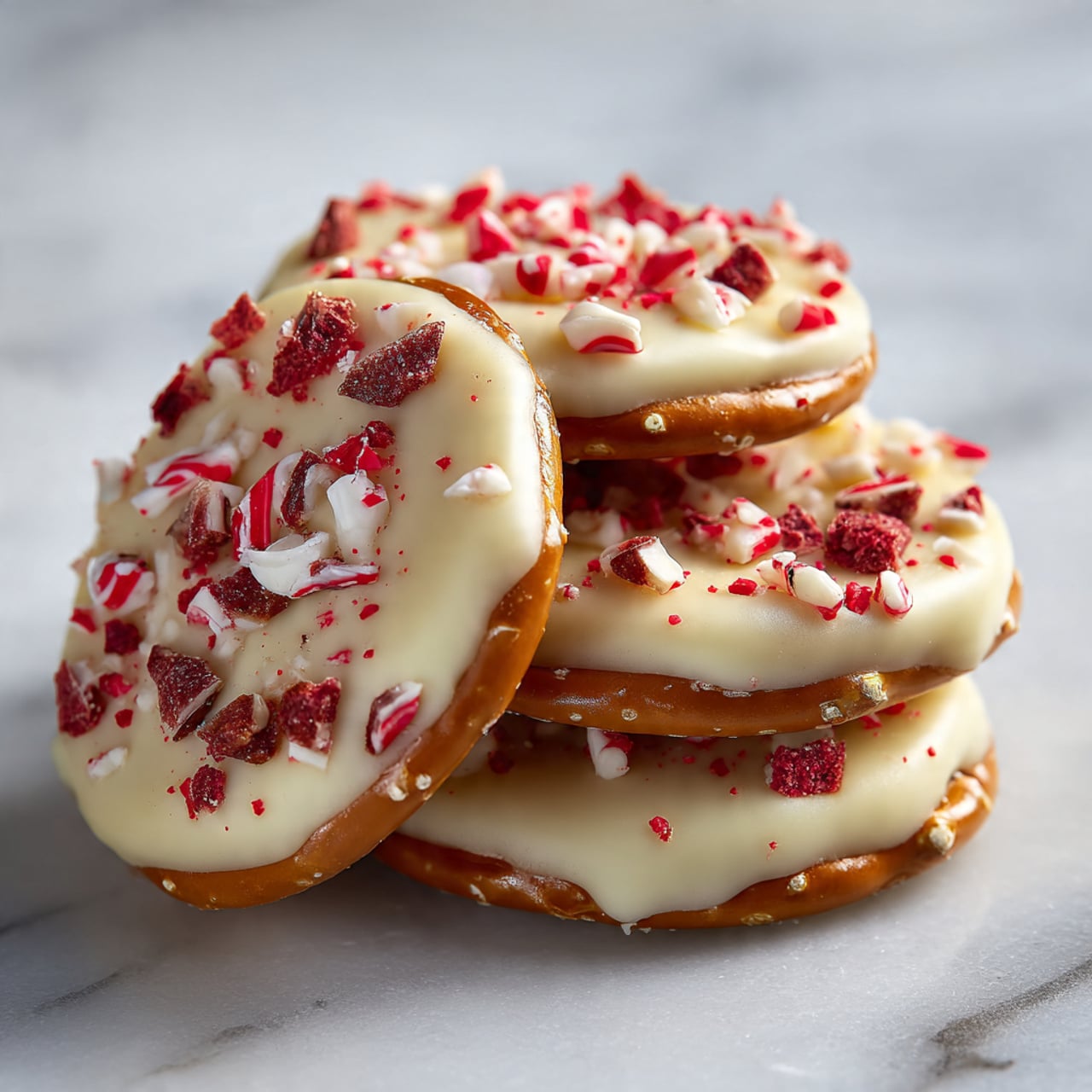 The image shows a stack of three round pretzel treats on a white marbled surface. Each treat has a base layer of golden-brown pretzel with a shiny texture. On top of the pretzels, there is a thick, smooth white chocolate layer that is slightly melted and spread evenly. The chocolate is decorated with small, broken pieces of red and white candy scattered all over. The treats are arranged closely together, showing their round shape and colorful topping clearly. Photo taken with an iphone --ar 4:5 --v 7