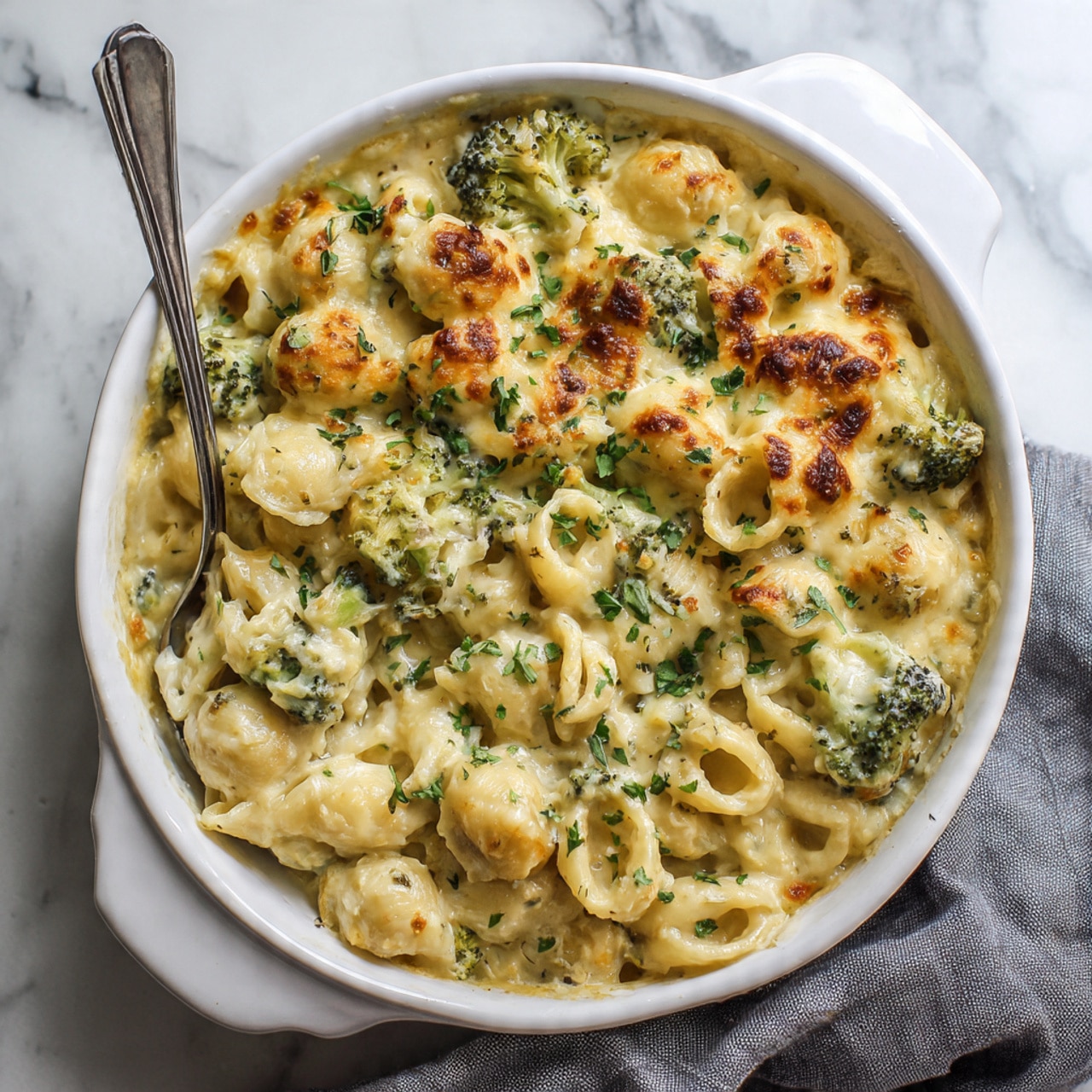 A white deep pan filled with creamy pasta layered with green broccoli pieces and small pasta shapes. The top layer is covered with melted golden-yellow and white cheese, some parts slightly browned. Fresh green herbs are scattered on top for decoration. A silver spoon rests inside the pan lifting some creamy pasta and broccoli. The pan sits on a white marbled surface with some grey cloth around it. Photo taken with an iphone --ar 4:5 --v 7