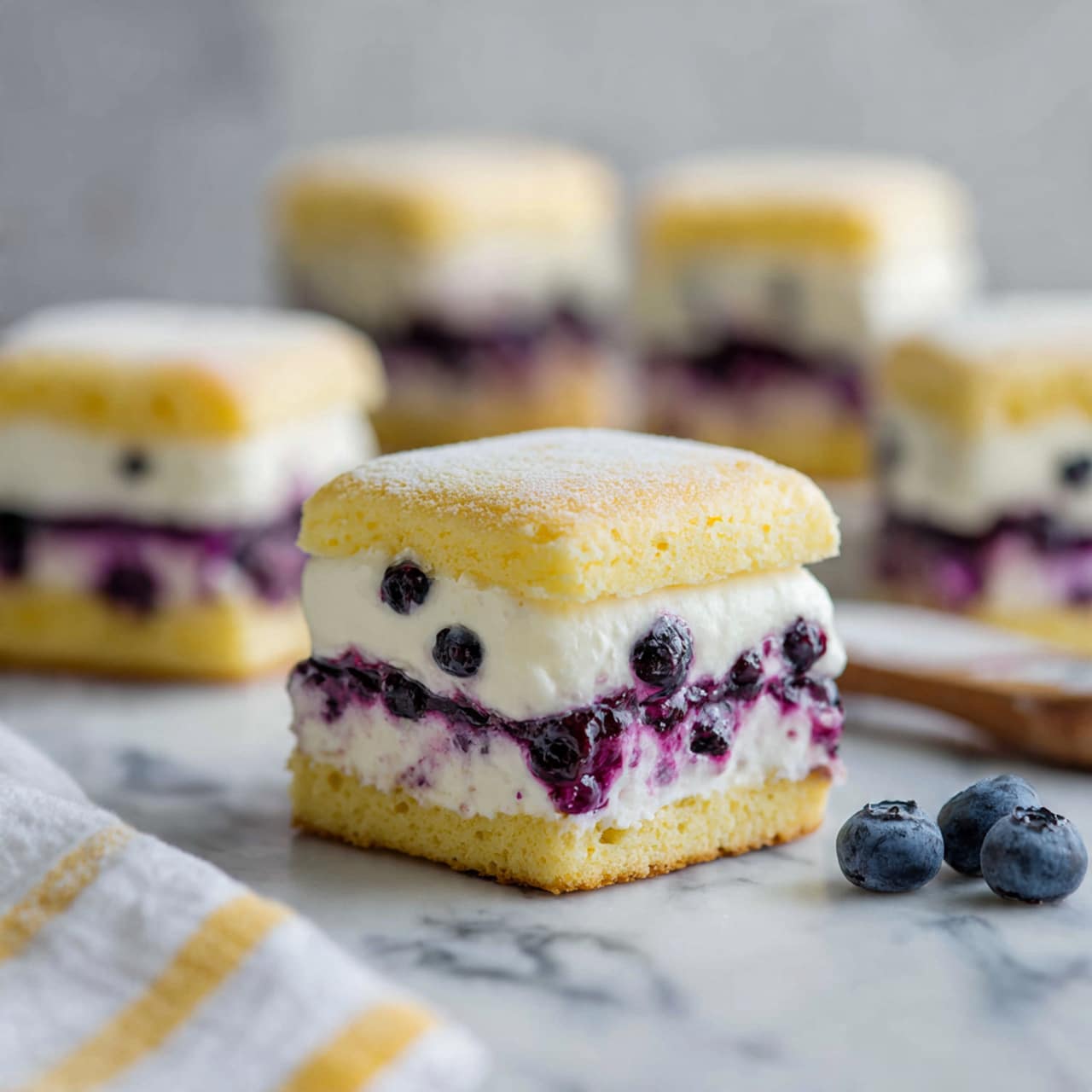 The image shows a close-up of a small sandwich-like dessert with two soft, pale yellow cake layers dotted with dark blueberries. Between the layers is a thick, creamy white filling that looks smooth and soft, with some purple blueberry juice blending into it. The sandwich is placed on a white marbled surface with more similar desserts blurred in the background, and a couple of loose blueberries nearby. A white cloth with yellow stripes is partially visible at the bottom edge of the image. photo taken with an iphone --ar 4:5 --v 7