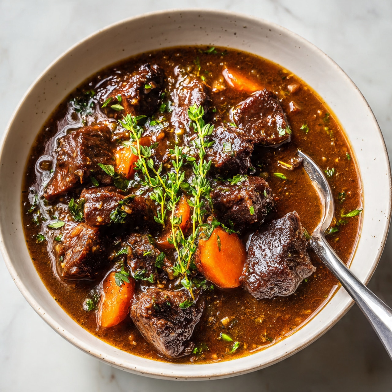 A white speckled bowl filled with a thick stew containing several large dark brown pieces of meat spread evenly across the bowl, small bright orange carrot slices mixed with small round light beige grains, and small bits of green herbs scattered throughout. The stew has a glossy, brownish broth with visible liquid and a sprig of fresh green thyme laying across the top. A silver spoon is partially submerged on the right side of the bowl, resting on a white marbled surface. Photo taken with an iphone --ar 4:5 --v 7
