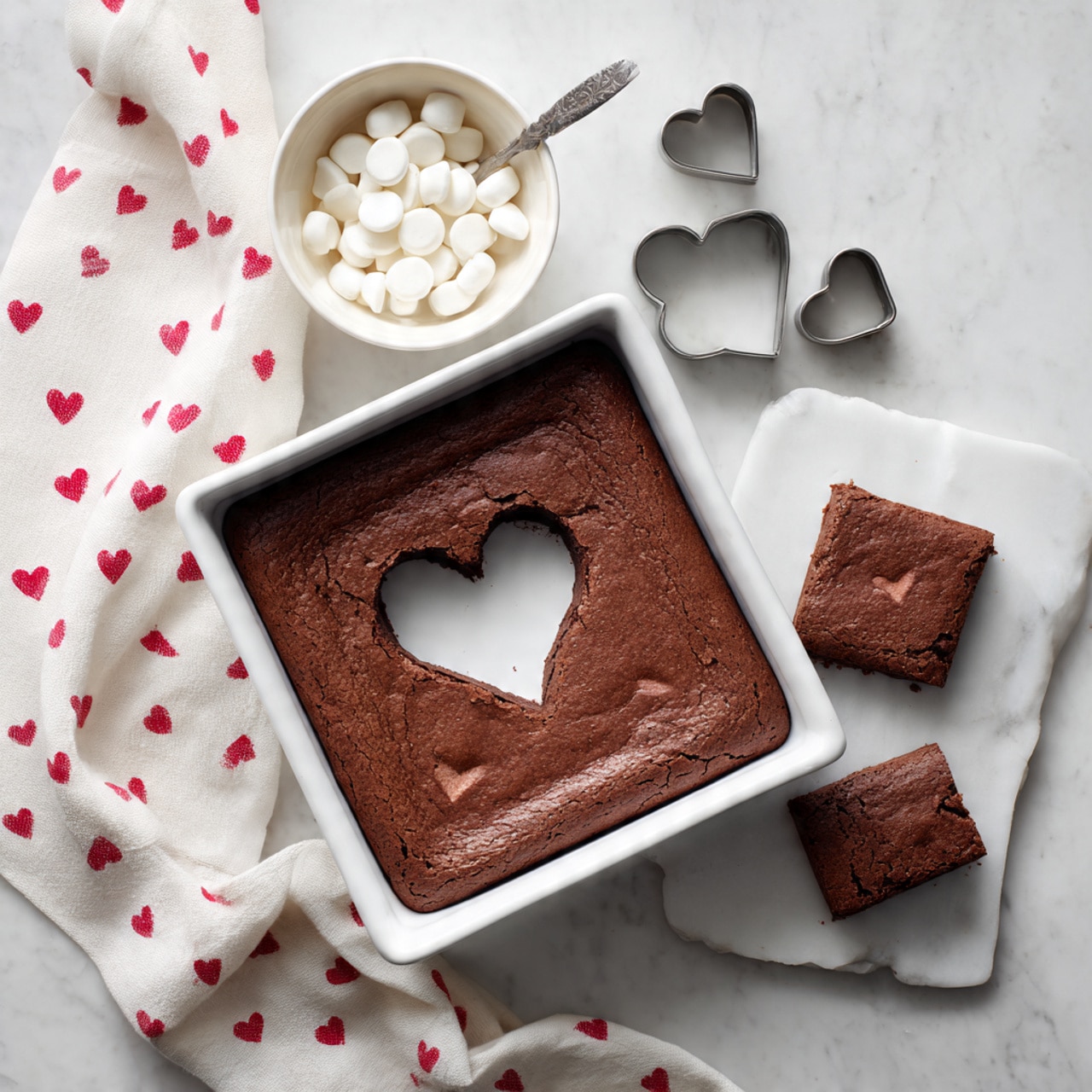 The image shows a white baking tray filled with a brown baked brownie that is slightly cracked on top, revealing a rich, dense texture. A woman's hand is holding a heart-shaped cut-out piece from the edge of the brownie, and a heart-shaped metal cookie cutter lies next to the tray on a white marble surface. To the left, there is a white bowl filled with white round candies or marshmallows, and a white cloth with red hearts is partially visible near the bottom left corner. Small red and white sprinkles are in a small container on the top right part of the image. Photo taken with an iphone --ar 4:5 --v 7