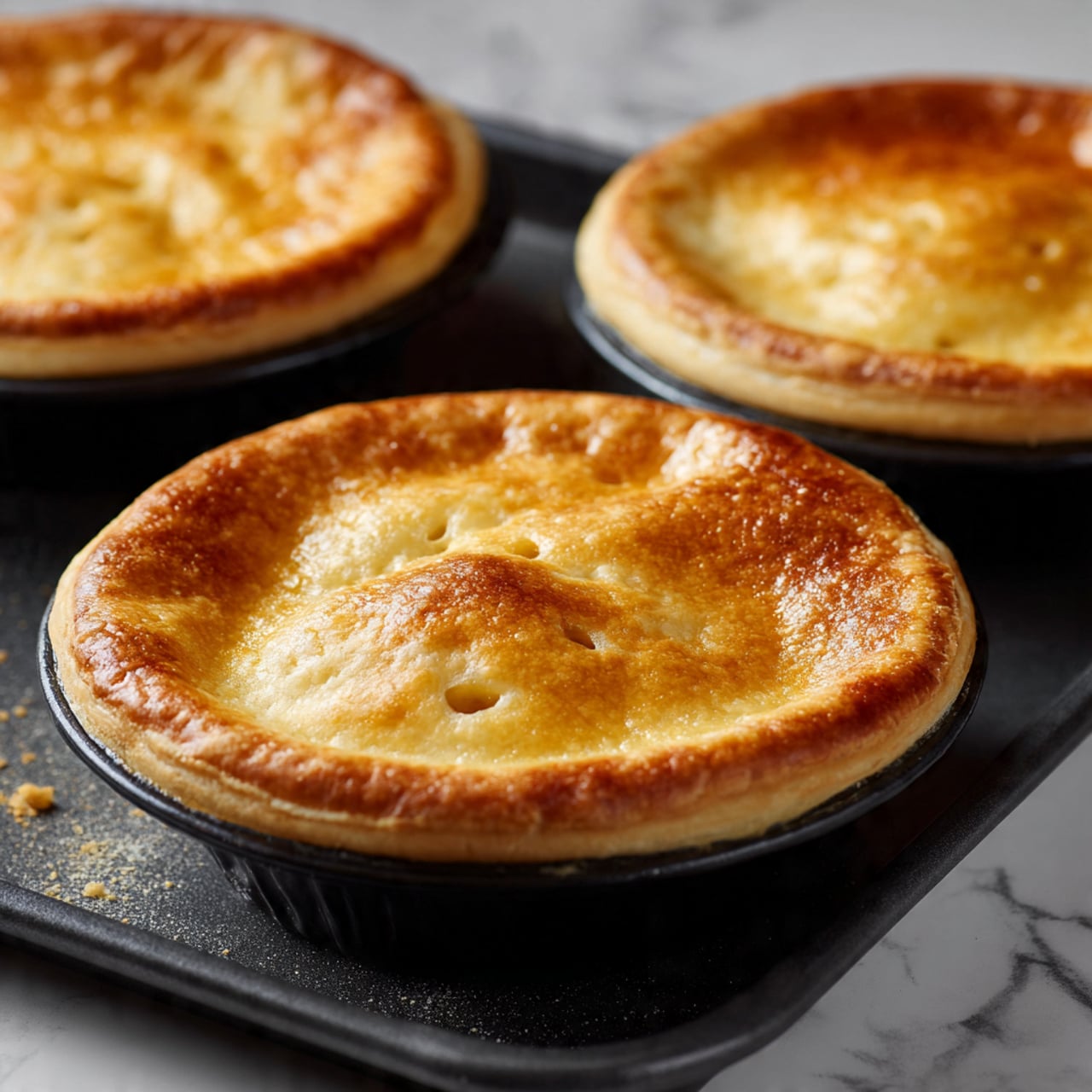 The image shows three round pies with golden brown, shiny crusts that have small steam holes on top. Each pie has a smooth, slightly puffed top layer with a crisp texture, sitting snugly in small black pie tins. The pies rest on a dark baking tray with a few crumbs around the edges. The background is a white marbled surface, clean and simple. The photo taken with an iphone --ar 4:5 --v 7