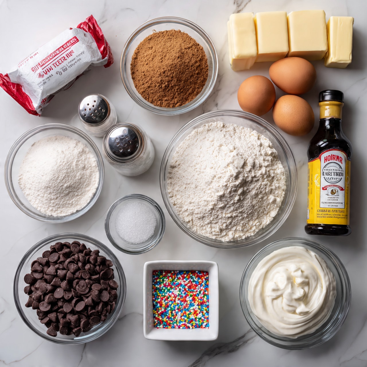 The image shows a flat lay of baking ingredients arranged neatly on a white marbled surface. There are two sticks of butter wrapped in paper at the top left, three brown eggs in the upper center, and several small clear glass bowls filled with dry ingredients: brown sugar on the left, cocoa powder in the middle, white sugar at the top right, and flour near the center. A small spice jar with white salt sits on the left, next to a small dark bottle labeled vanilla extract. Two small bowls contain chocolate chips, a larger one on the bottom left and a smaller square one near the center, and a small white square dish holds colorful round sprinkles. On the right is a small carton of red heavy whipping cream next to a yellow can of corn starch. All items are spaced evenly, creating an organized and clean look. Photo taken with an iphone --ar 4:5 --v 7