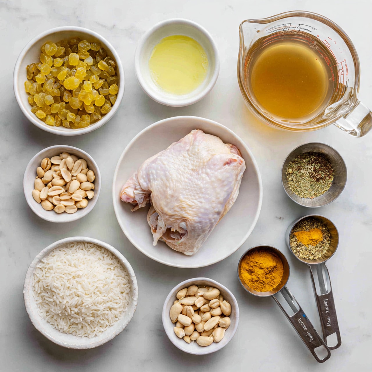 The image shows several ingredients arranged on a white marbled surface. In the center bottom, there is a white bowl holding a piece of raw chicken with pale pink and white skin. Surrounding it are small white bowls and metal measuring cups containing different ingredients: a bowl of golden raisins at the top left, a bowl of light yellow oil at the top right, and a bowl with a mix of ground spices that look brown and greenish to the right of the chicken. Below the bowls, two metal measuring spoons hold small piles of bright yellow and orange powdered spices. There are two metal measuring cups at the bottom left filled with white rice and pale beige peanuts. At the top center, a clear glass measuring cup holds a light yellow liquid. The scene is well lit and gives a clean and organized view of the ingredients. photo taken with an iphone --ar 4:5 --v 7