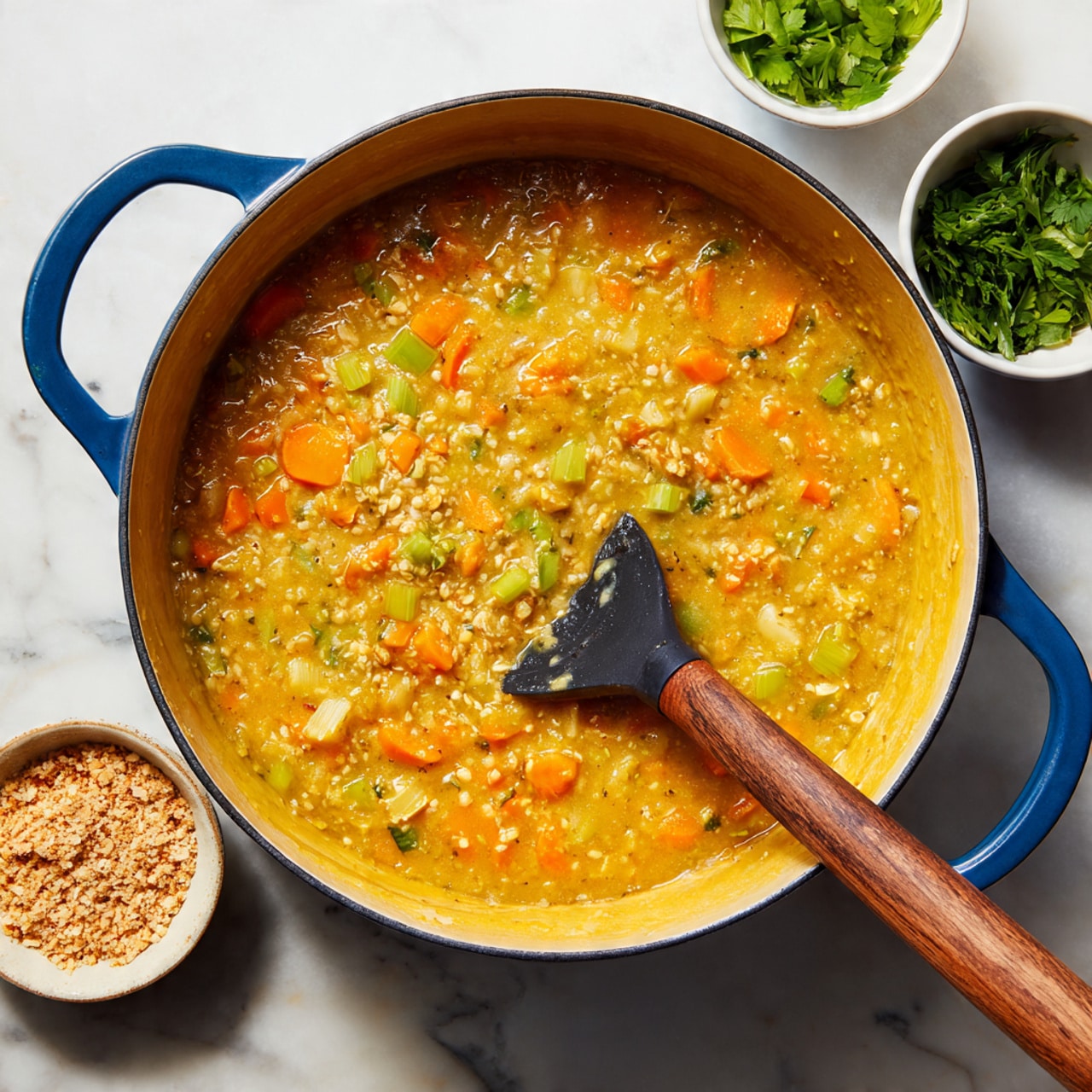 A large blue pot filled with thick creamy yellow soup with visible chunks of orange carrots and green celery pieces mixed in. A black spoon with a wooden handle is partially submerged in the soup, lifting some of it showing the smooth and chunky texture clearly. The pot sits on a dark surface with a small bowl of chopped green herbs and another bowl of crunchy yellow topping nearby. The overall look shows a hearty, warm soup ready to serve. photo taken with an iphone --ar 4:5 --v 7