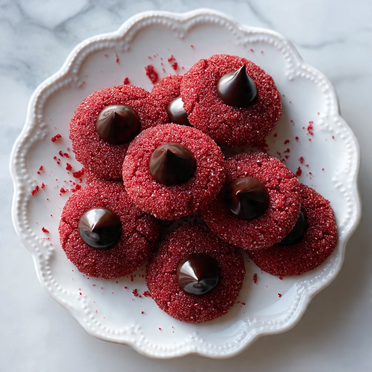 A white scalloped plate holds several red cookies shaped like small round cups, each covered evenly in sparkling red sugar granules. Each cookie has a chocolate kiss pressed into its center, creating a small stack of two layers: the rough, grainy red cookie base and the smooth, shiny dark chocolate top. The cookies have a slightly cracked texture on the surface, showing softness inside. The plate rests on a white marbled surface with some scattered red sugar crystals nearby. Photo taken with an iphone --ar 4:5 --v 7