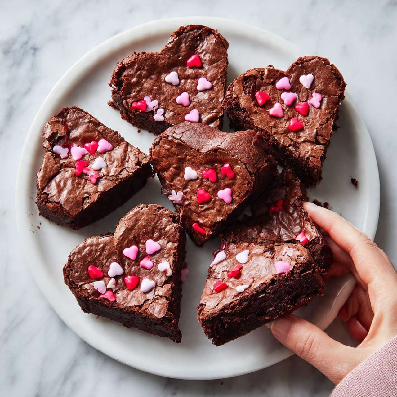 A white plate on a white marbled surface holds seven heart-shaped brownies. The brownies are dark brown with shiny, cracked tops and are decorated with pink and red candy pieces scattered on the surface. One brownie is broken in half, showing a moist and dense inside texture. A woman's hand reaching from the side is gently touching one brownie. Soft natural light highlights the rich color and details of the brownies. photo taken with an iphone --ar 4:5 --v 7