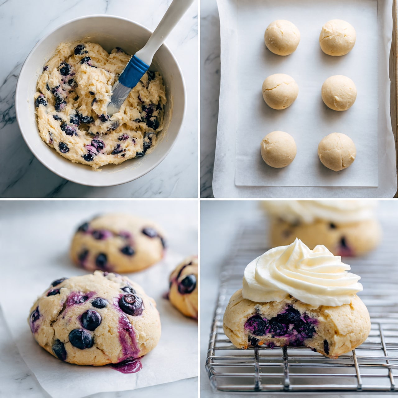 The image shows four stages of making blueberry cookies on a white marbled surface. The top left shows a white bowl filled with light beige cookie dough mixed with whole blueberries, and a spatula inside the bowl coated with dough. The top right shows small rounded scoops of the dough placed evenly on white parchment paper laid on a baking tray, with some dough visible in a row behind. The bottom left shows freshly baked cookies on the same white parchment paper, golden and studded with blueberries, with a bit of purple blueberry juice dripping down one side. The bottom right shows a close-up of one cookie, cracked in half on a white cooling rack, the bottom half browned and studded with blueberries, topped with a smooth, thick swirl of light cream frosting, with other cookies blurred in the background. Photo taken with an iphone --ar 4:5 --v 7