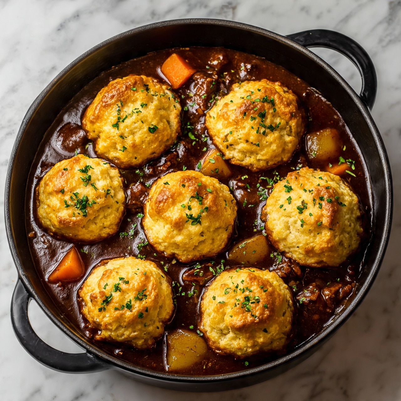 The image shows a dark pan filled with rich brown stew and meat, topped with eight golden biscuit balls spread evenly across the surface. The stew has a glossy texture with visible chunks of carrots scattered throughout, adding small touches of orange color. Each biscuit ball is soft and fluffy, with a slightly cracked surface and a light sprinkling of green herbs. The stew’s sauce is thick and shiny, surrounding the biscuit balls and meat pieces. The background is a white marbled texture. Photo taken with an iphone --ar 4:5 --v 7